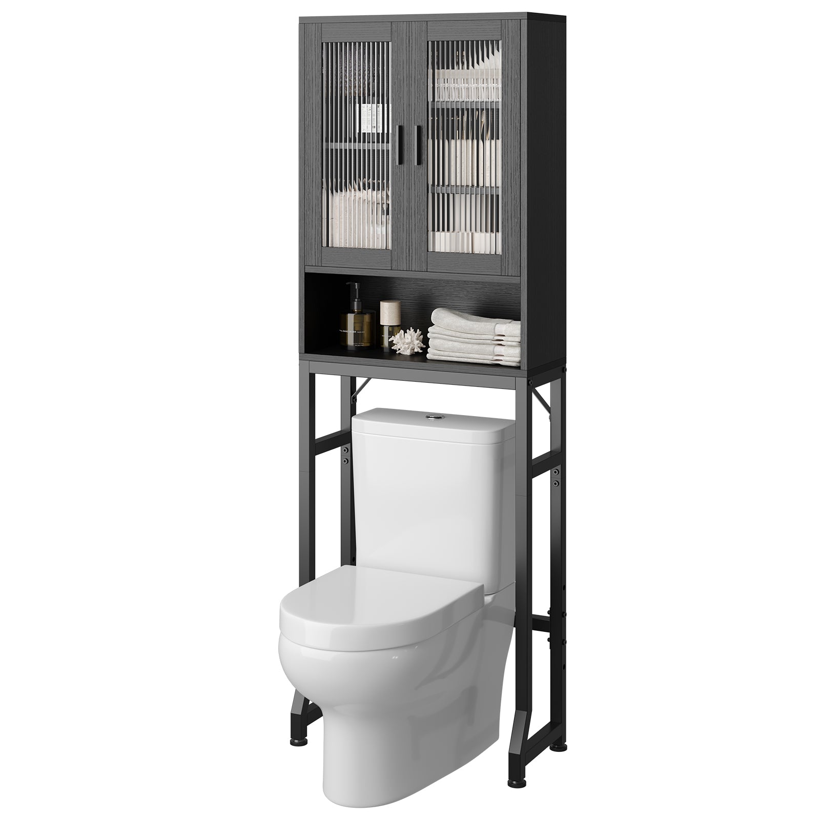 Black USHOWER Over-the-Toilet Bathroom Organizer with Glass Doors, Modern Storage Rack for Commode, Space Saver Cabinet