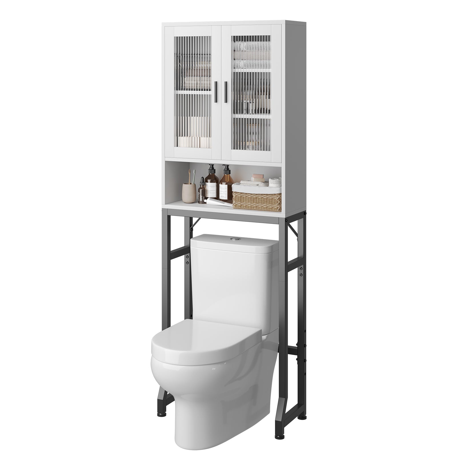 White USHOWER Over-the-Toilet Bathroom Organizer with Glass Doors, Modern Storage Rack for Commode, Space Saver Cabinet