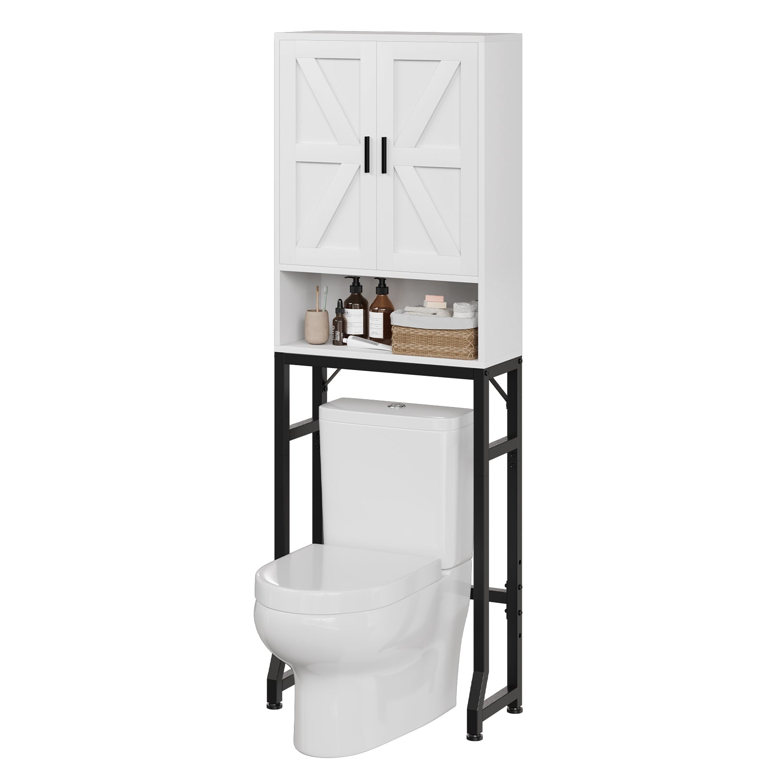 White Over-the-Toilet Bathroom Organizer with Barn Door Modern Farmhouse Style Sleek Toilet Storage Rack for Small Bathrooms