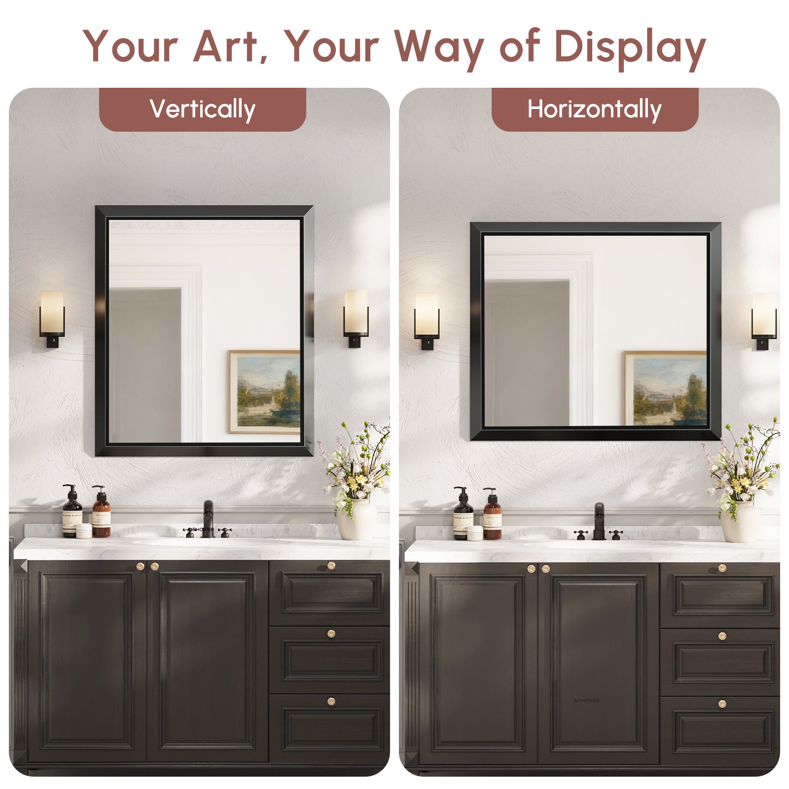 USHOWER Canvas Series Black Beveled Bathroom Mirror 30''x36''