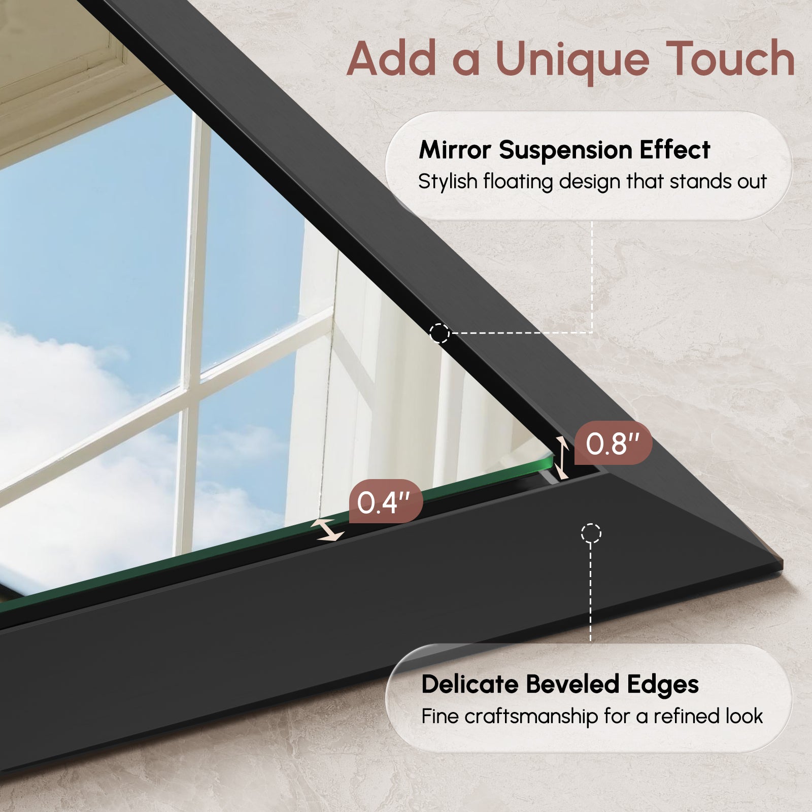 USHOWER Canvas Series Black Beveled Bathroom Mirror 24''x36''