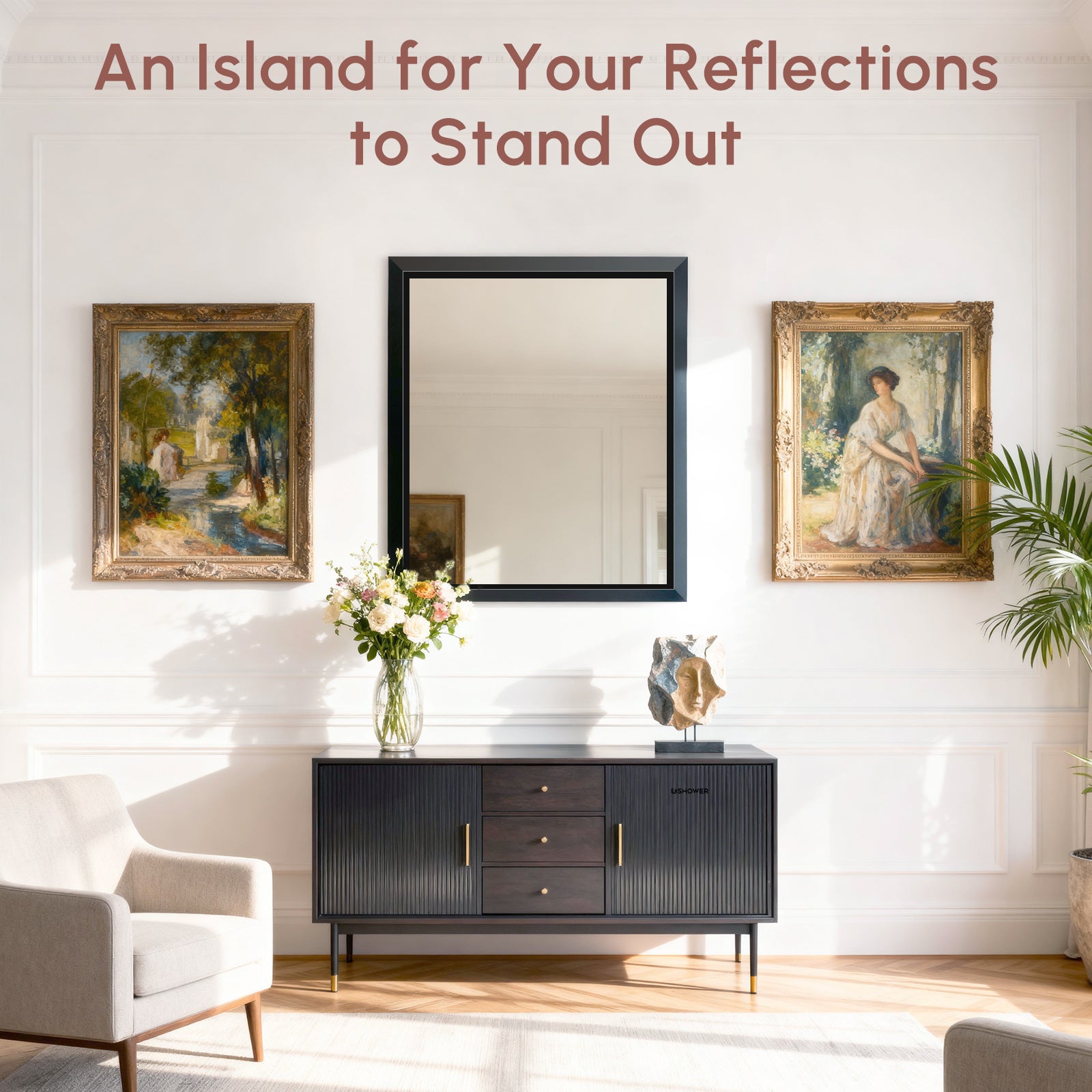 USHOWER Canvas Series Black Beveled Bathroom Mirror 30''x36''