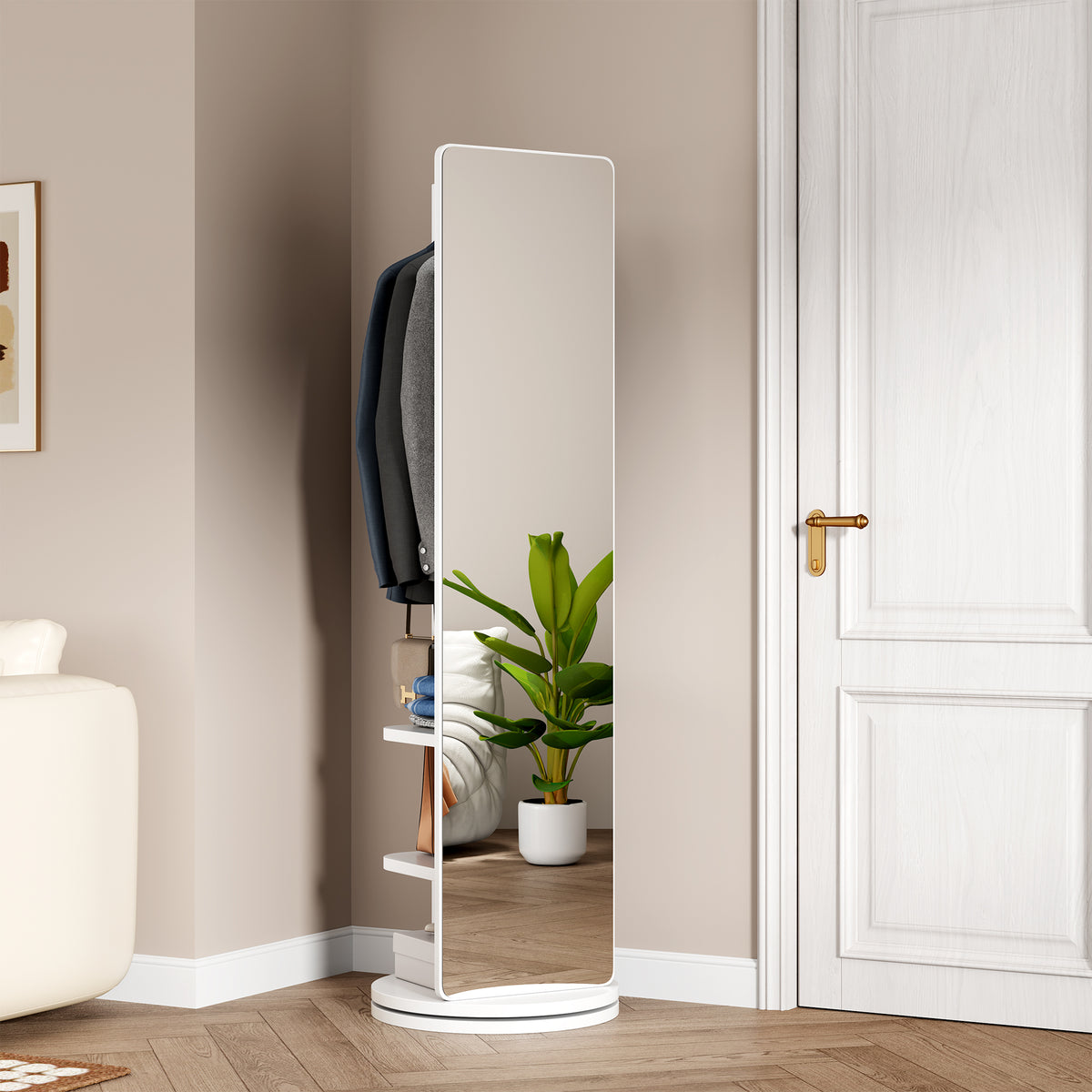 White 360° Rotating Full-Length Mirror, 69" x 20" Solid Wood Floor Mirror with Hooks and Storage Rack for Bedroom, Living Room & Entryway