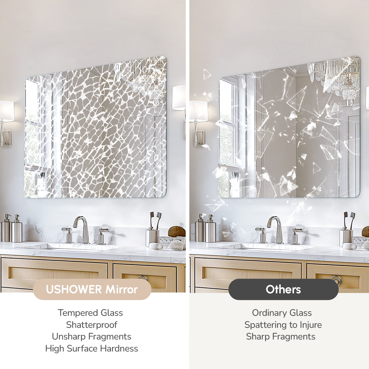USHOWER Kadra Series – 20'' x 30'' Frameless Rectangular Bathroom Mirror, Set of 2