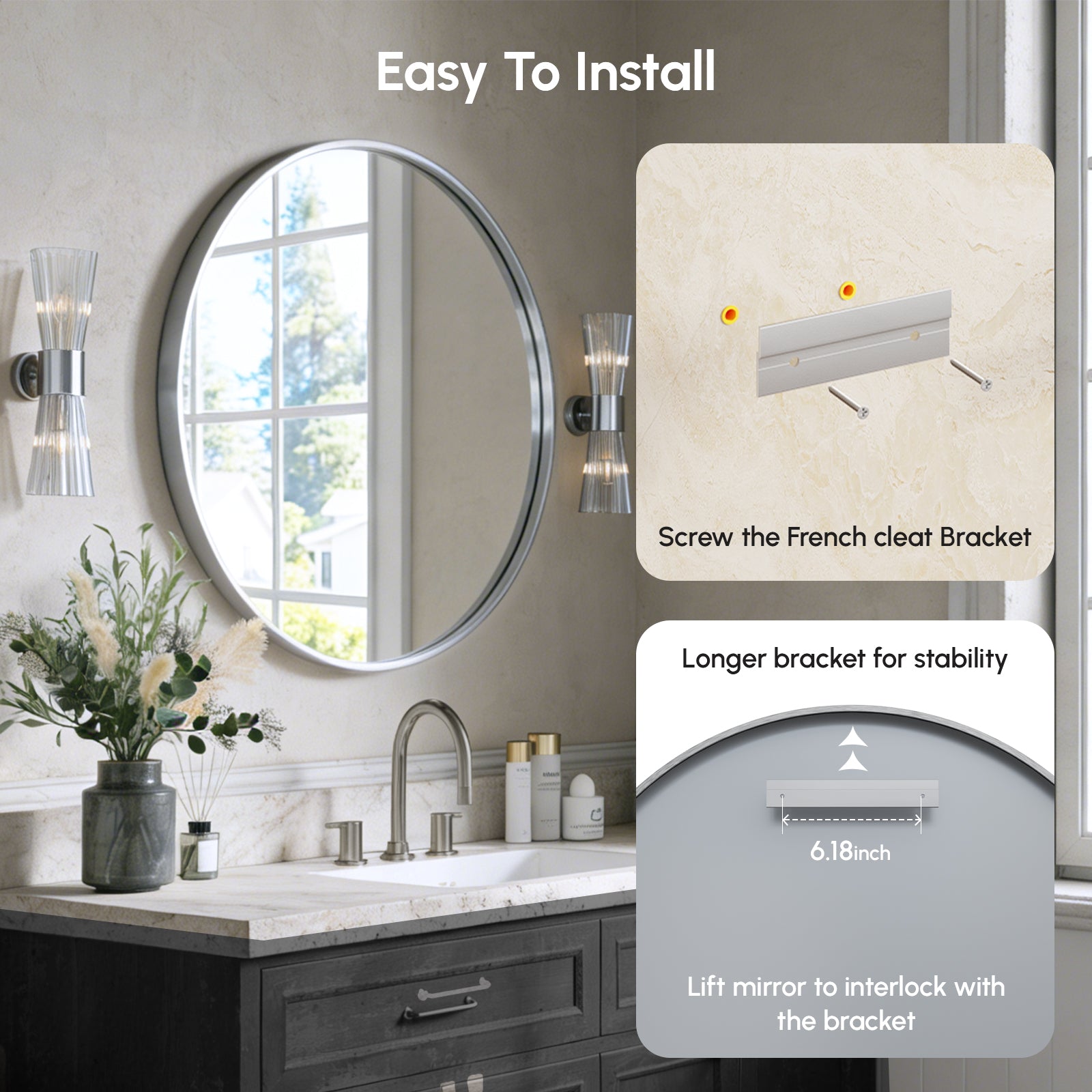 USHOWER Arar Brushed Nickel Round Bathroom Mirror, 36''