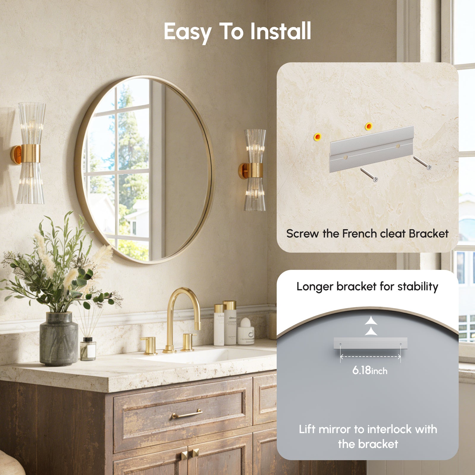 USHOWER Orar Gold Round Bathroom Mirror, 36''