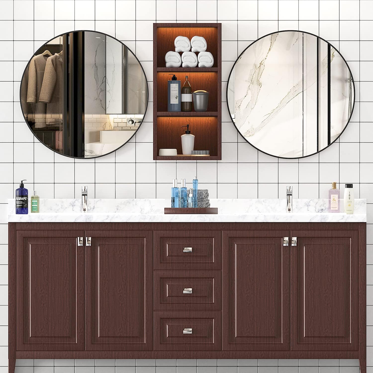 USHOWER Nwar Series – 30'' Black Round Bathroom Mirror, Set of 2