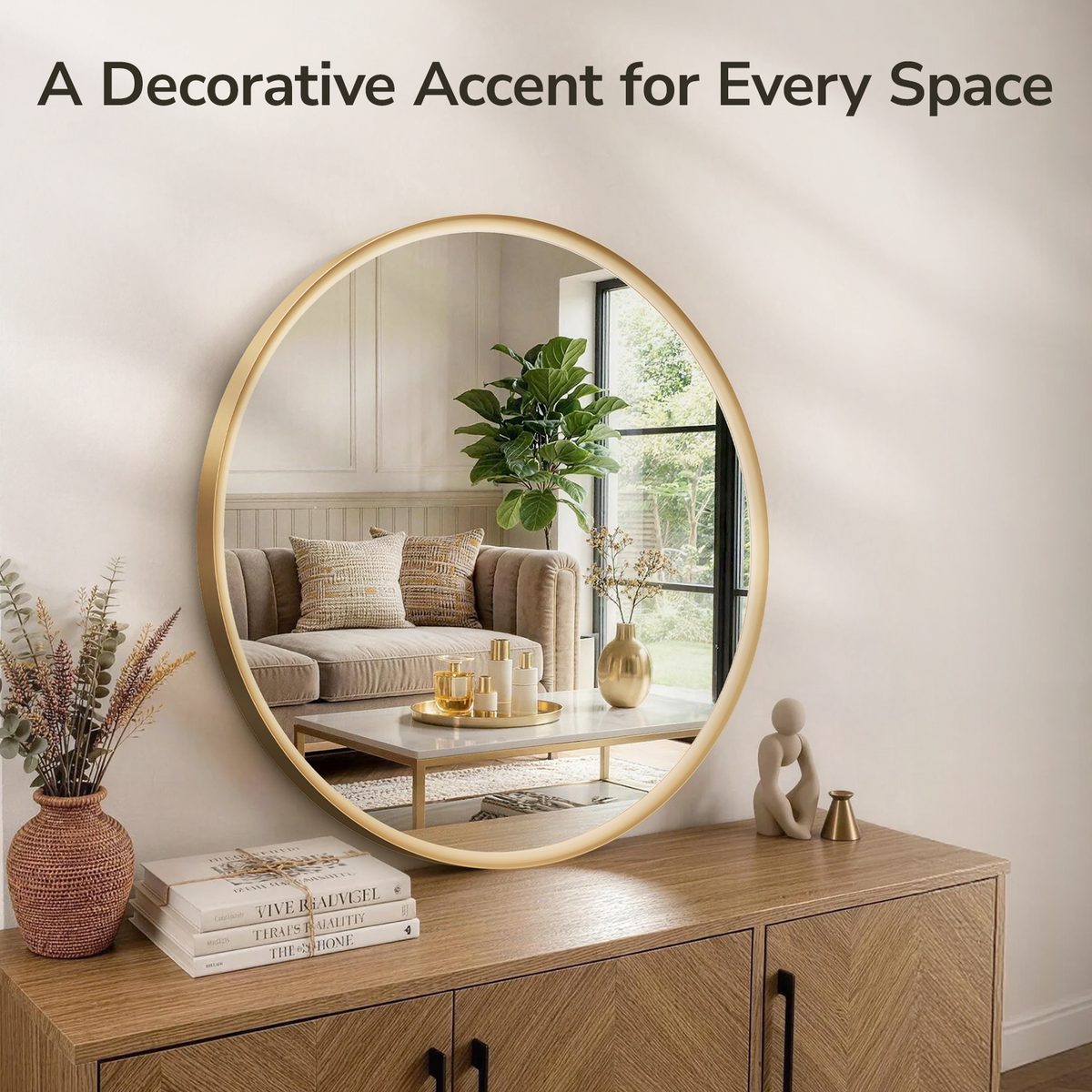 USHOWER Curva Round Bathroom Mirror 30 Inch, Brushed Gold Circle Mirror Over Sink Vanity