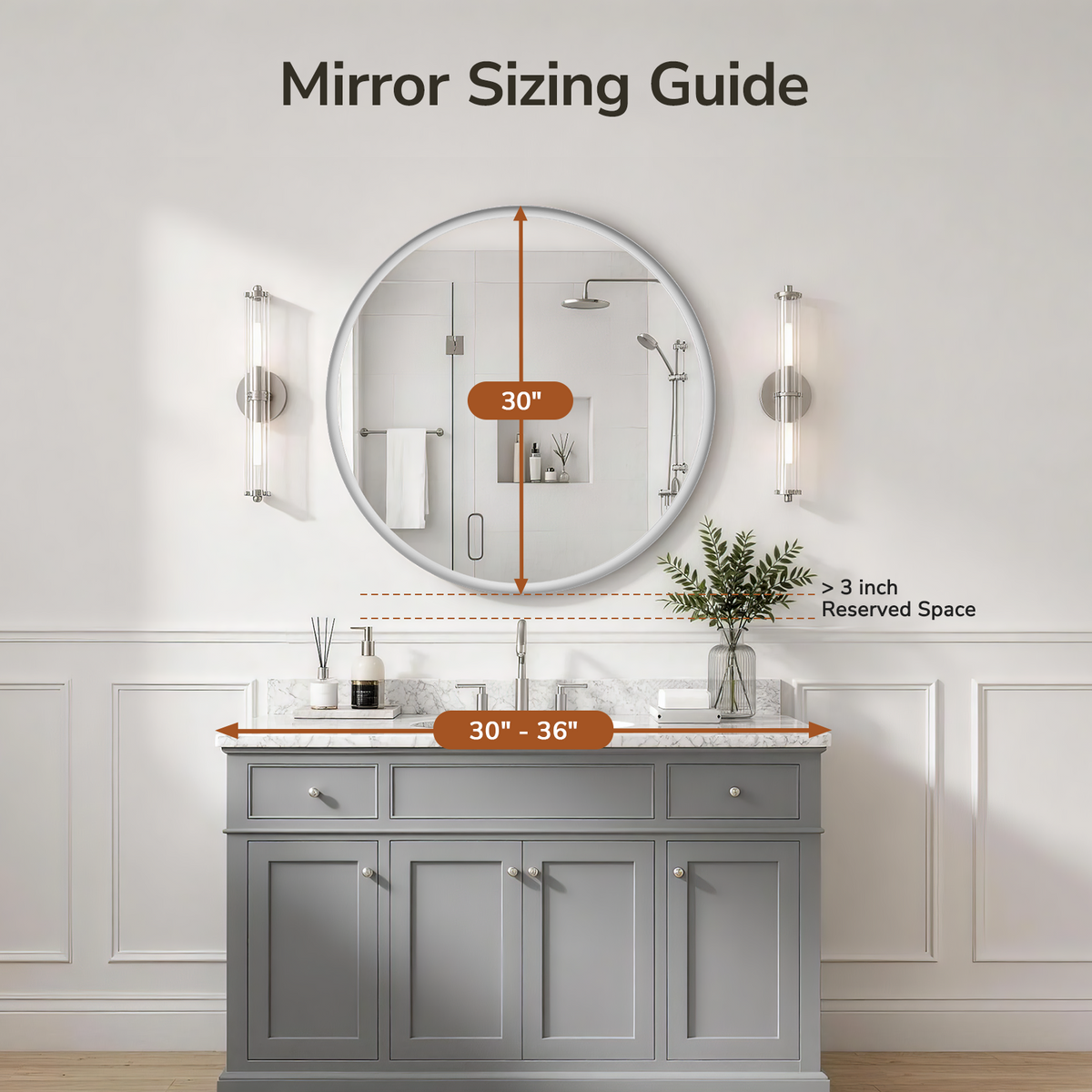 USHOWER Curva Round Bathroom Mirror 30 Inch, Brushed Nickel Circle Mirror Over Sink Vanity