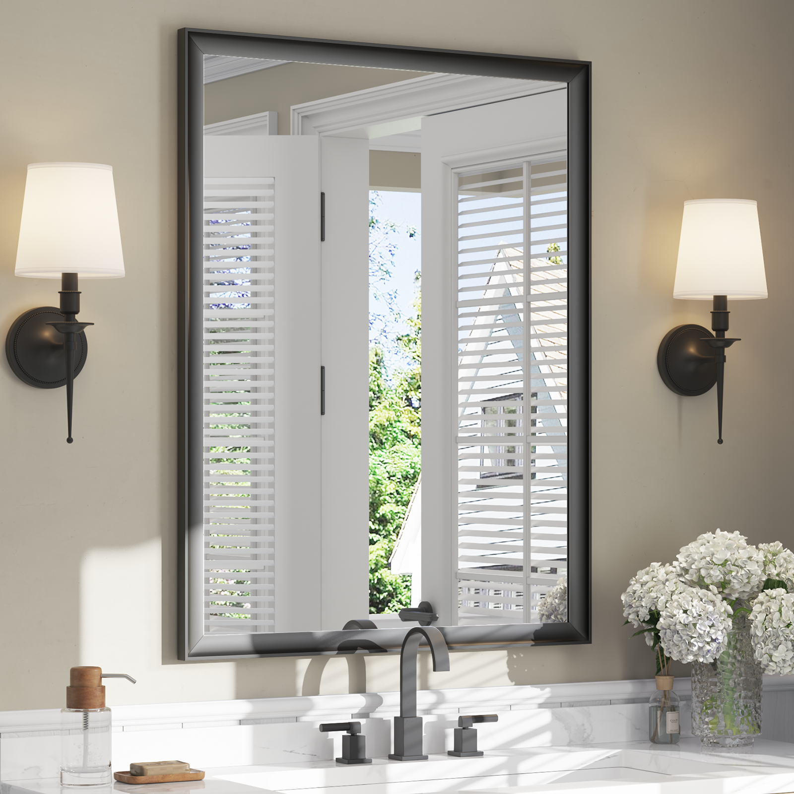USHOWER Curva Mirror, Rectangular Black Metal Framed Mirror, 30'' x 40''