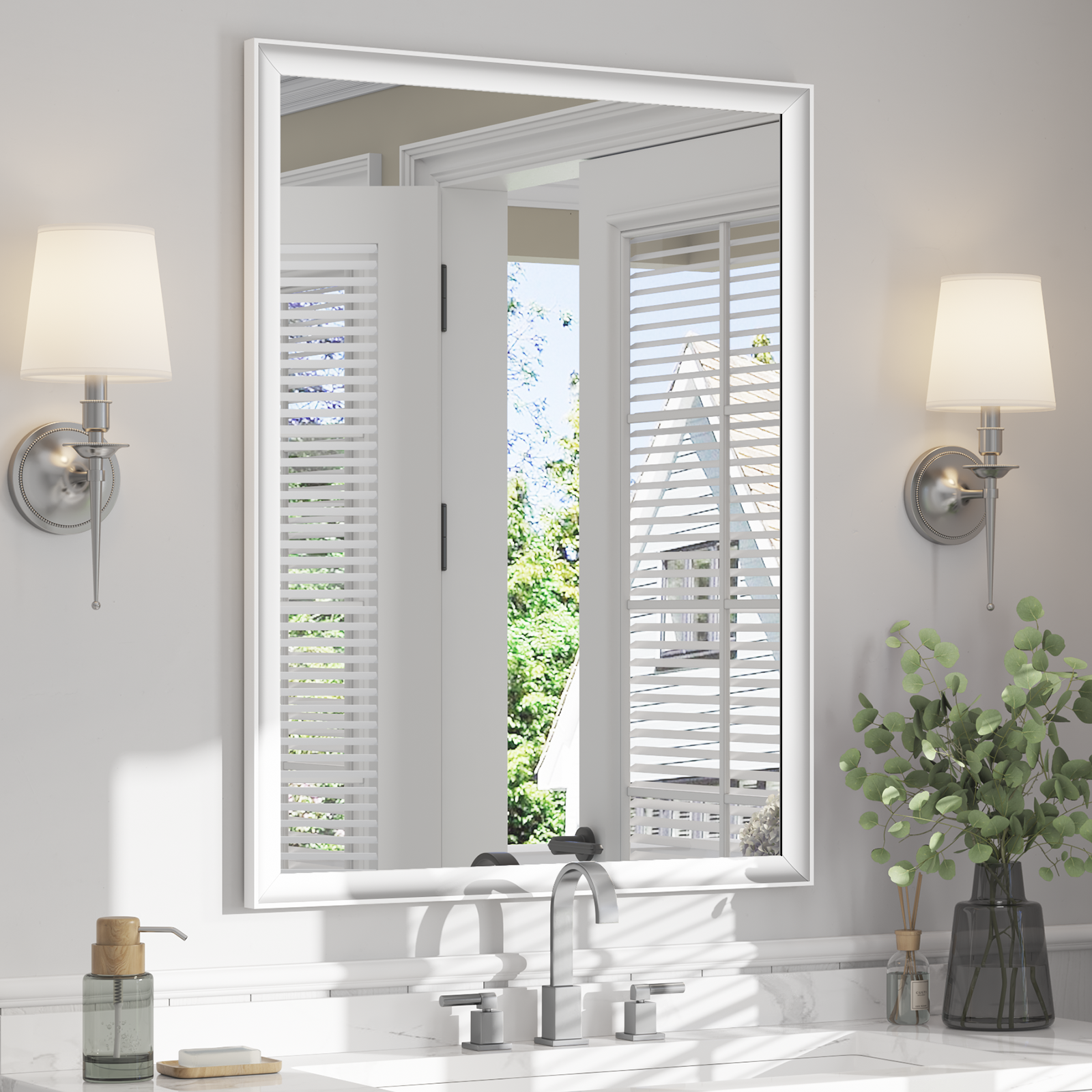 USHOWER Curva Mirror, Rectangular White Metal Framed Mirror, 30'' x 40''