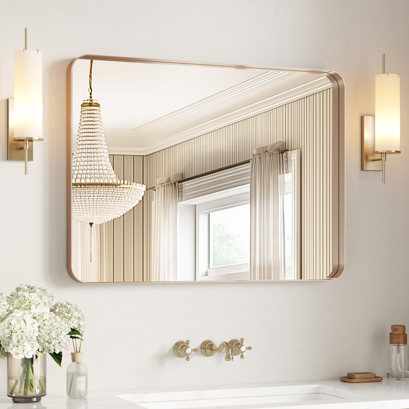 brushed gold bathroom mirror rectangular wall mounted above vanity modern decorative design 30 x 40 inch