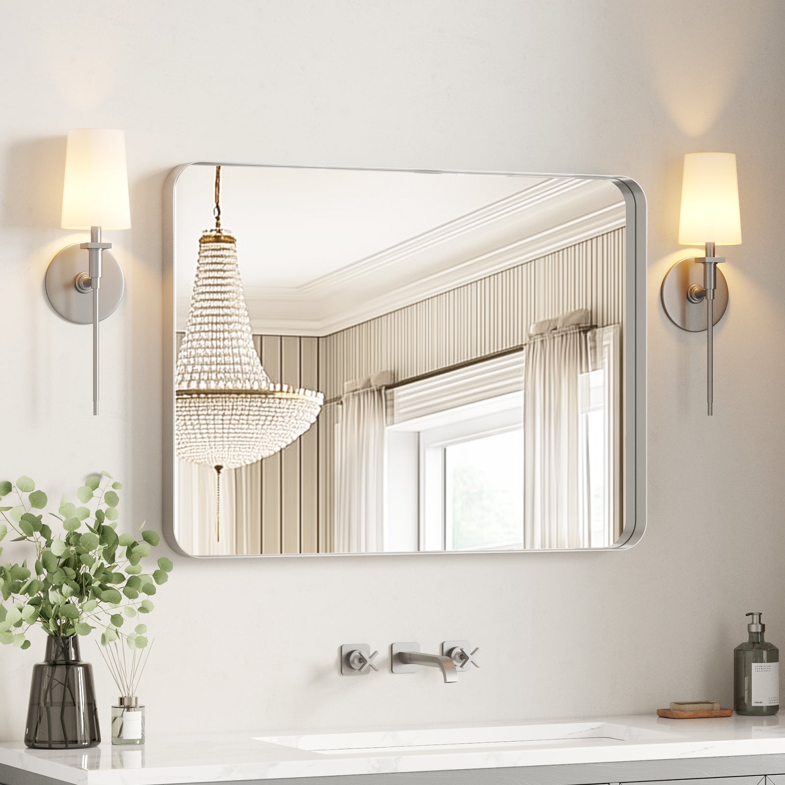 brushed nickel bathroom mirror rectangular wall mounted above vanity modern decorative design 30 x 40 inch