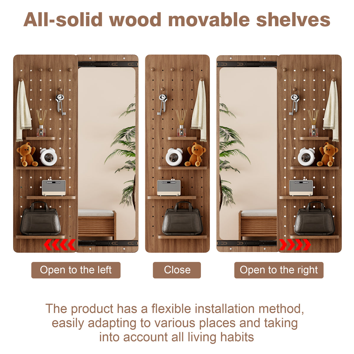 Walnut Wall-Mounted Full-Length Mirror, 47.6 x 15.7 Inch Sliding Space-Saving Mirror with Multi-Functional Panel for Bedroom, Living Room & Entryway