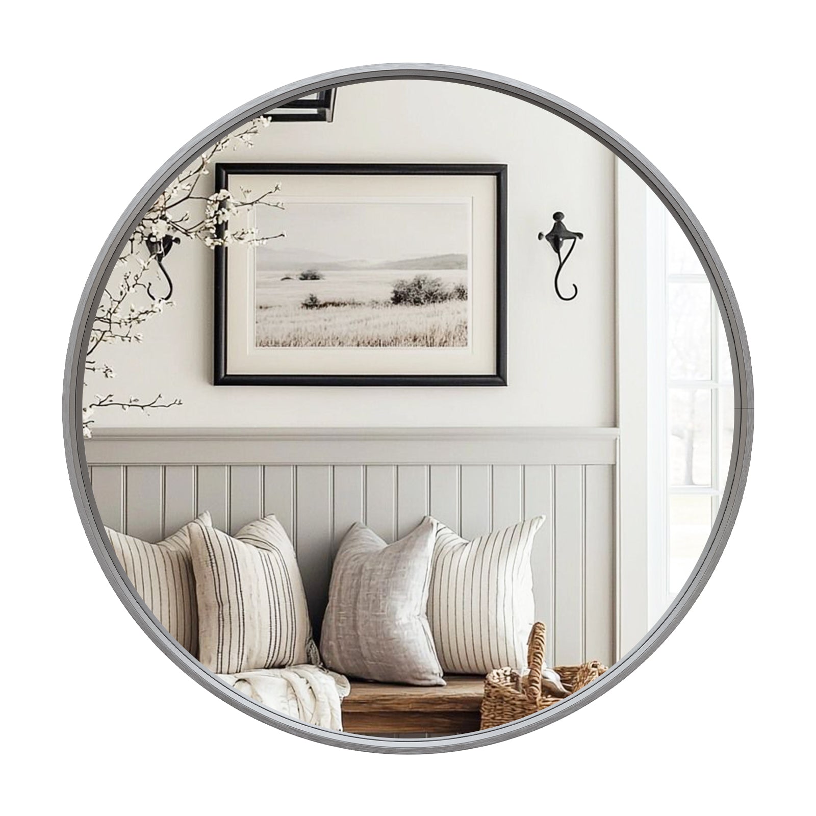 USHOWER Arar Brushed Nickel Round Bathroom Mirror, 36''