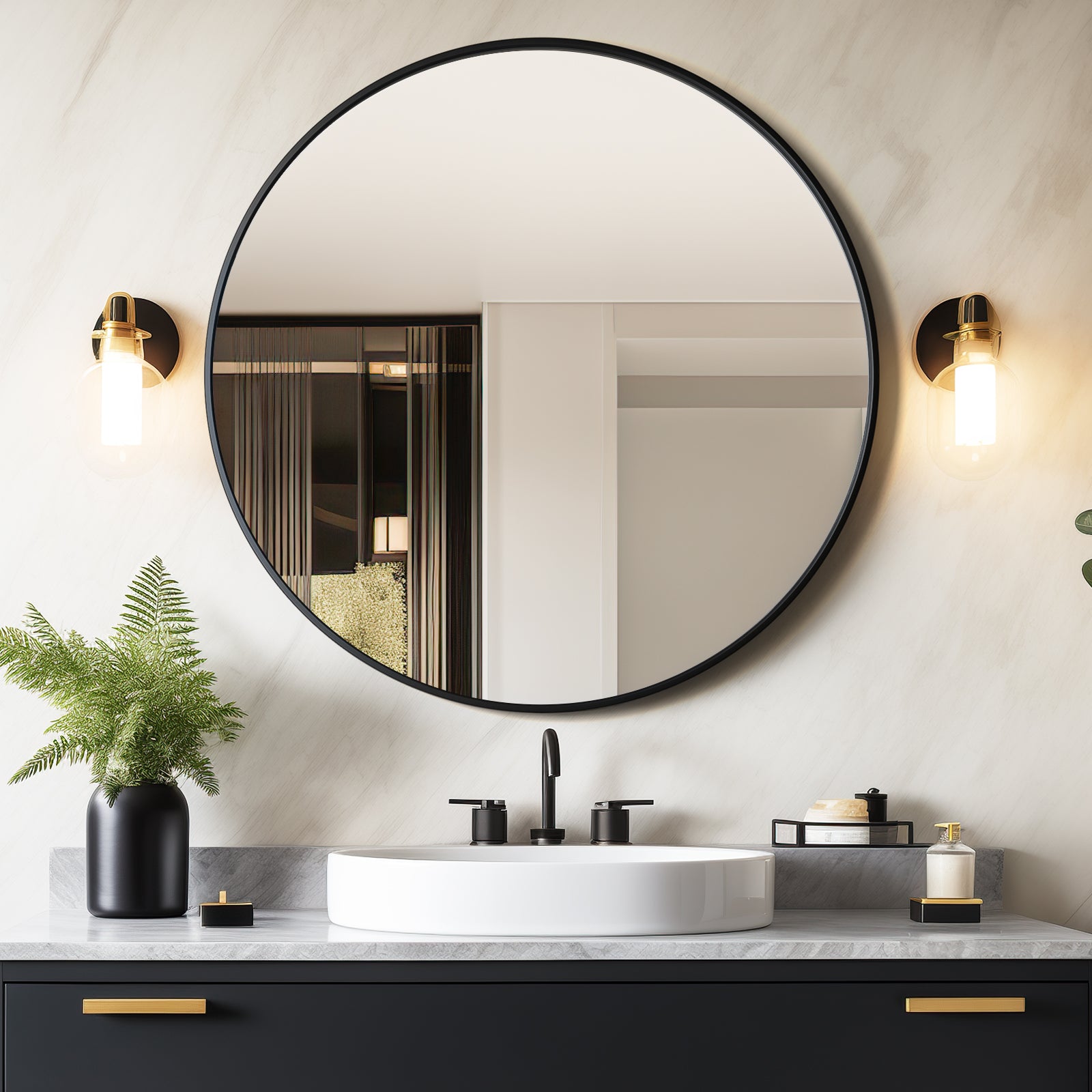 USHOWER Nwar Series – 36'' Black Round Bathroom Mirror