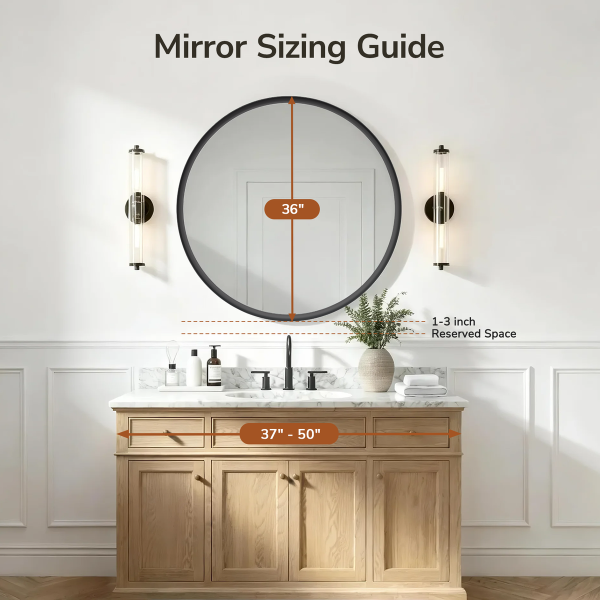 USHOWER Curva Round Bathroom Mirror 36 Inch, Black Circle Mirror Over Sink Vanity