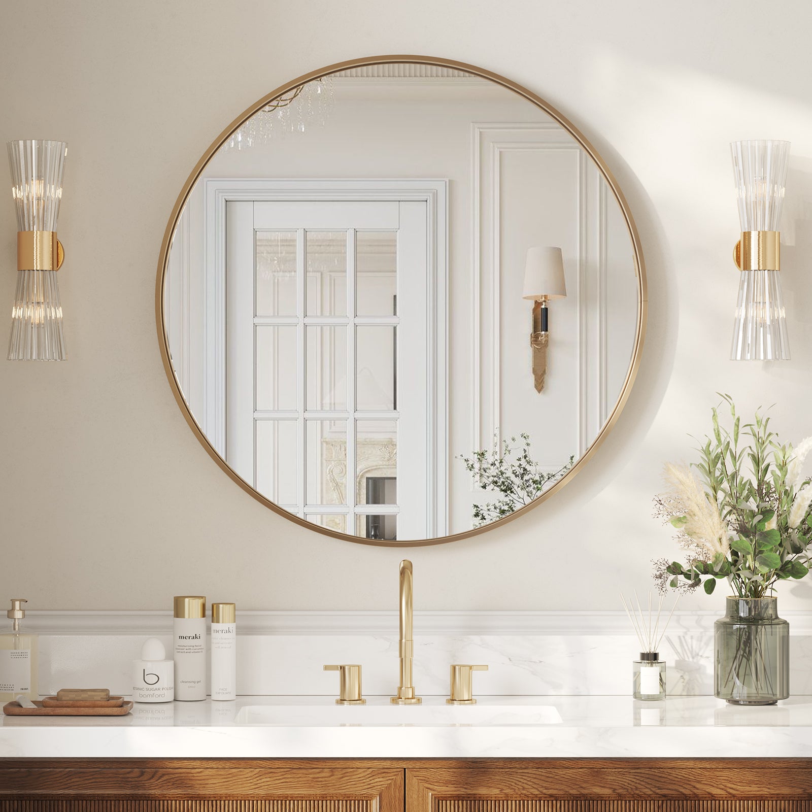 USHOWER Orar Gold Round Bathroom Mirror, 36''