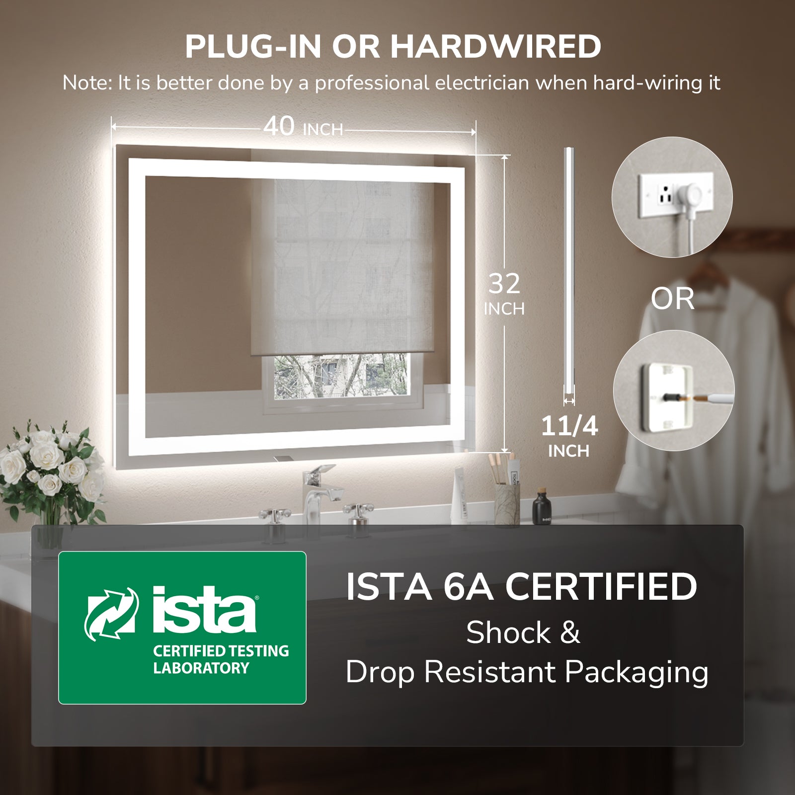 USHOWER Klara Series – 40'' x 32'' Rectangular LED Bathroom Mirror