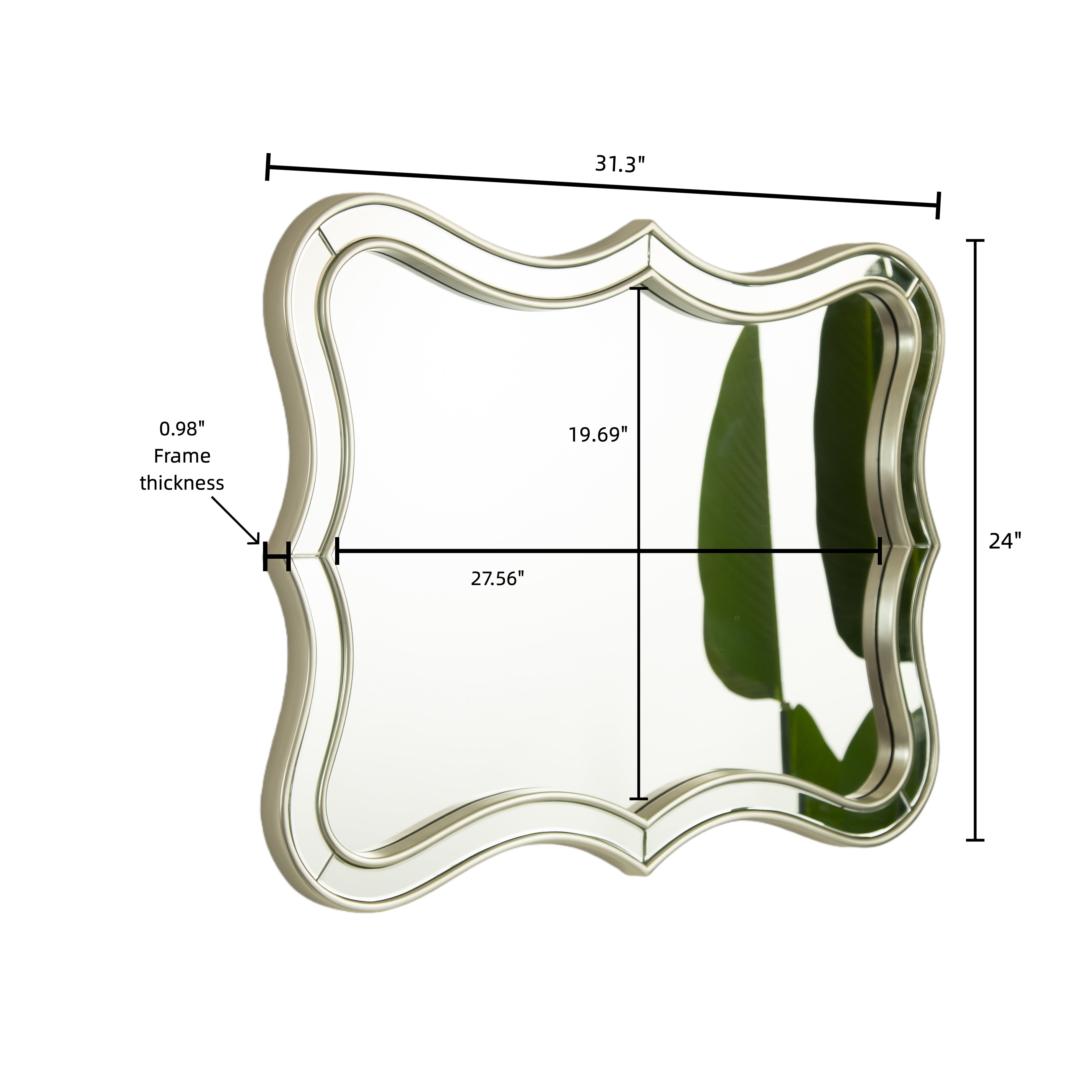 Fleuron Wave-Shaped Decorative Mirror with Champagne Silver Frame, 31'' x 24''