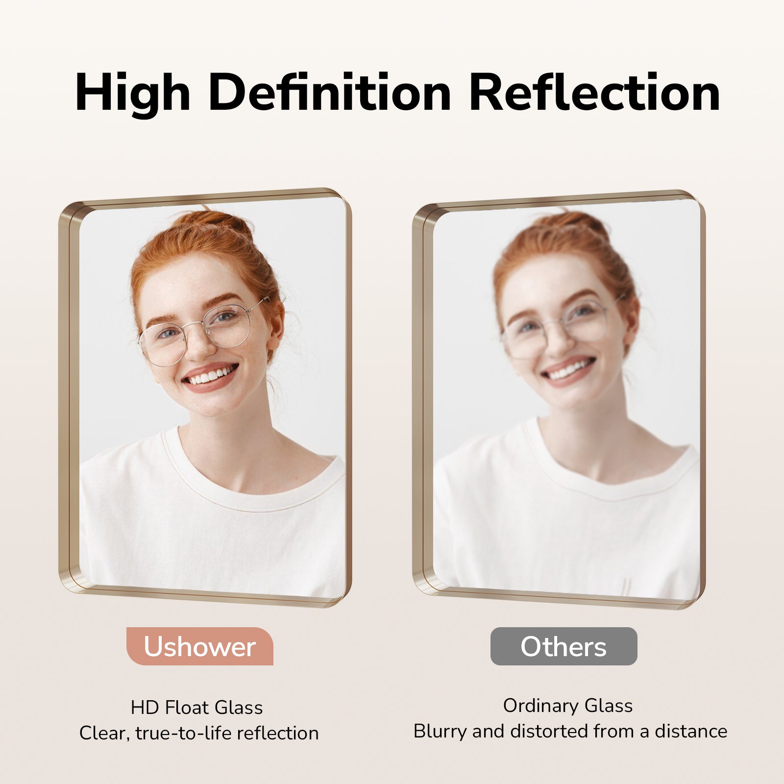 high definition brushed gold bathroom mirror with float glass 1:1 true reflection clear image