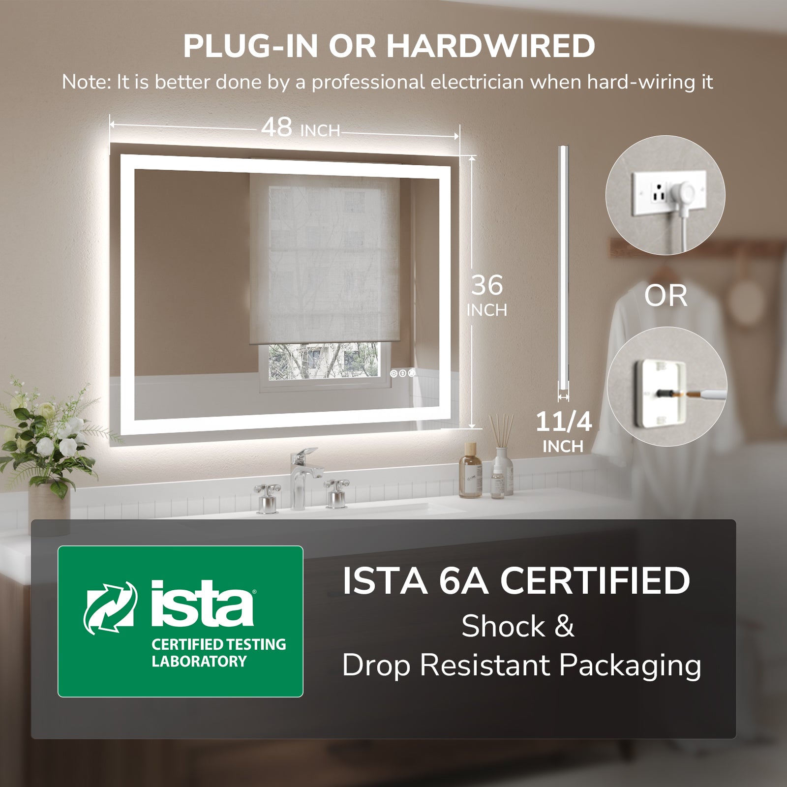 USHOWER Klara Series – 48'' x 36'' Rectangular LED Bathroom Mirror