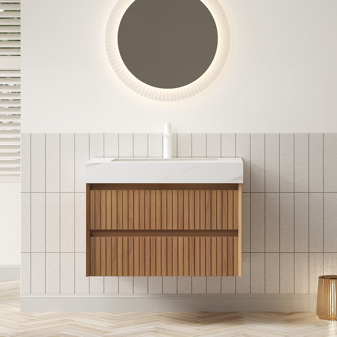 TILLEY 30" Floating Bathroom Vanity with Calacatta Gold Sintered Stone Top, Ceramic Undermount Sink, 2 Drawers, Brown Oak Woodgrain, Pre-Assembled