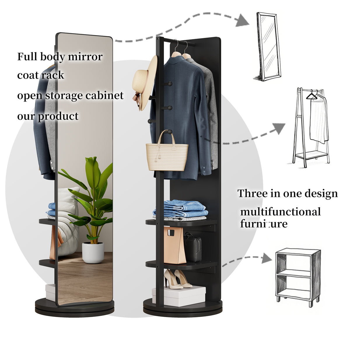 Black 360° Rotating Full-Length Mirror, 69" x 20" Solid Wood Floor Mirror with Hooks and Storage Rack for Bedroom, Living Room & Entryway