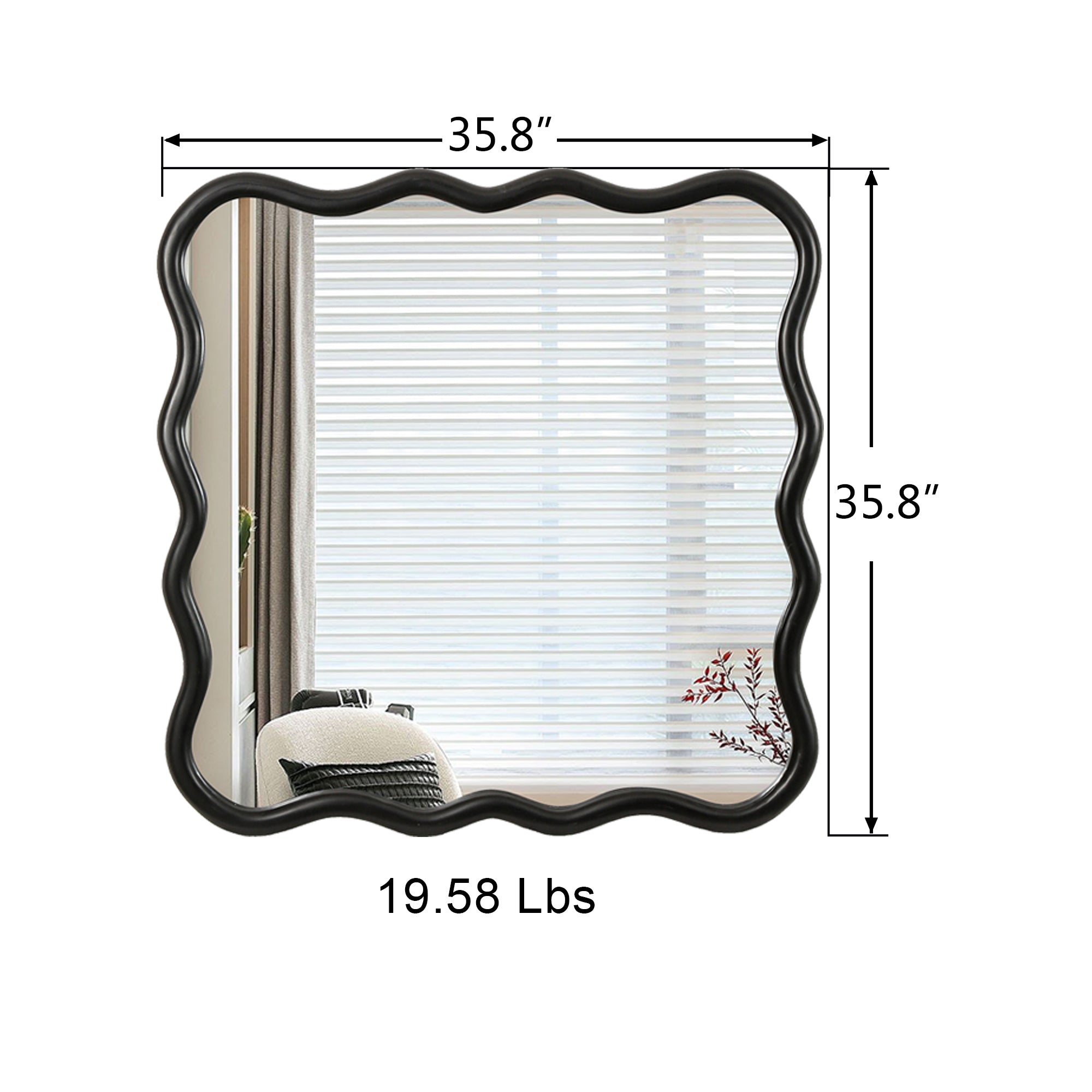 Wavy Square Black Wall Mirror, Solid Wood, 35.8'' x 35.8''