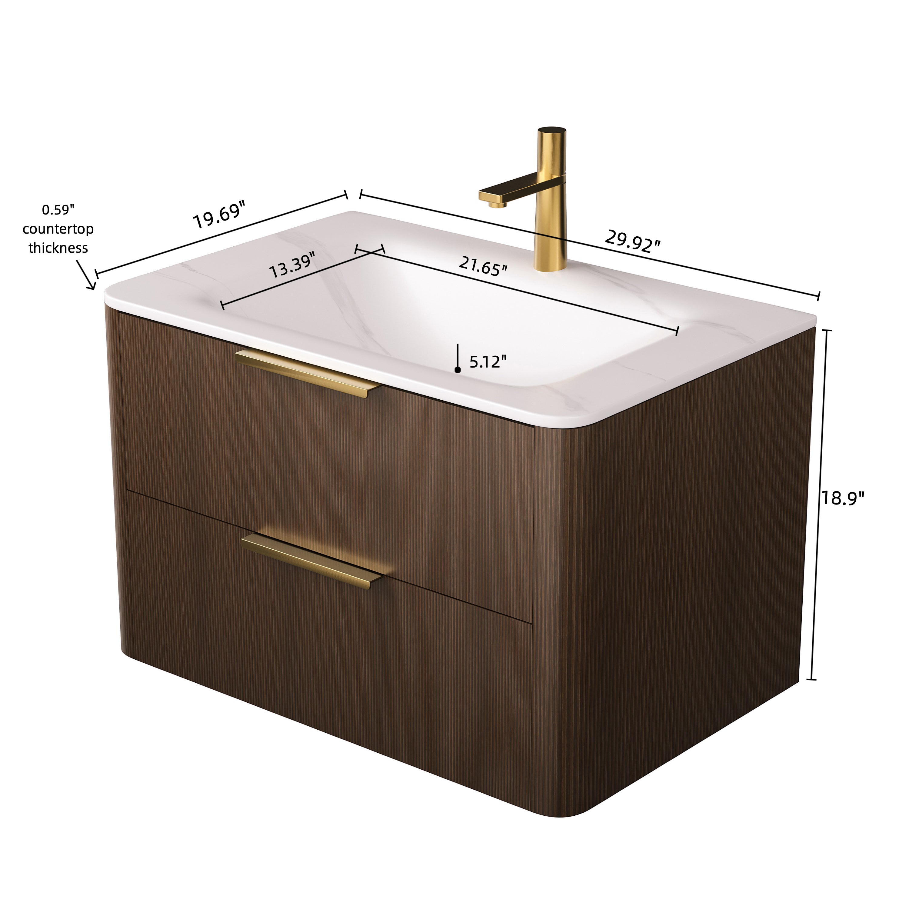 ZANE 30'' Bathroom Vanity with Sink, Floating Ultra-Pinstriped Plywood Storage Cabinet with Drawers, Carrara White Sintered Stone Hot-bent Integrated Basin, Pre-assembled, Italy Walnut Woodgrain Color