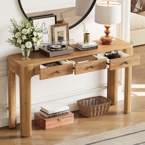 TREXM Rustic Console Table with 3 Concealed Drawers, Farmhouse Entryway Sofa Table with Curved Corners & Thick Legs for Living Room & Hallway, Natural