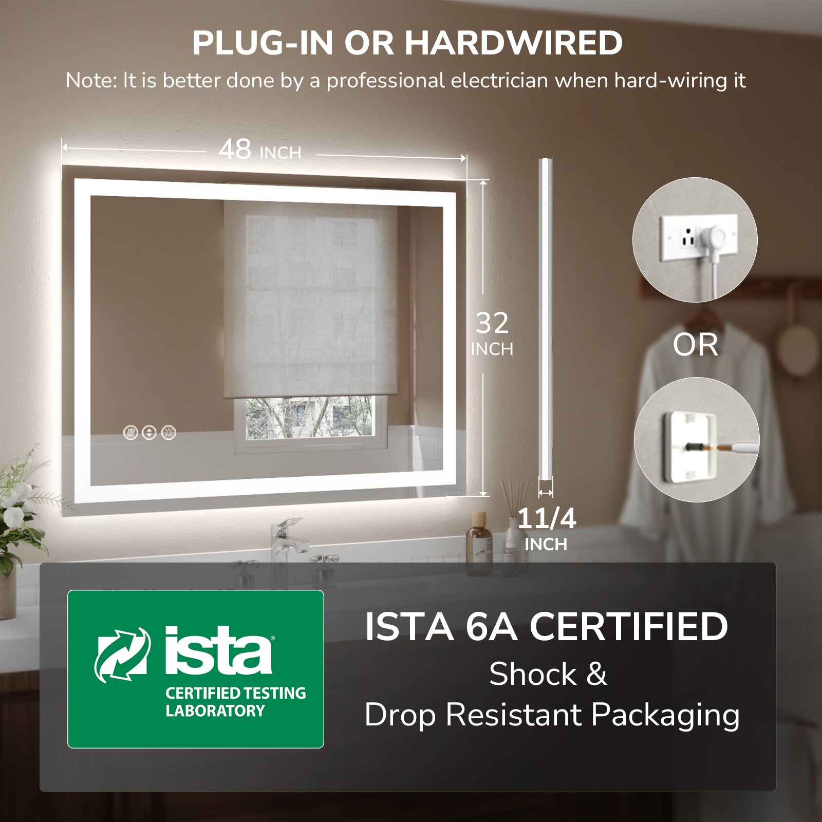 USHOWER Klara Series – 48'' x 32'' Rectangular LED Bathroom Mirror