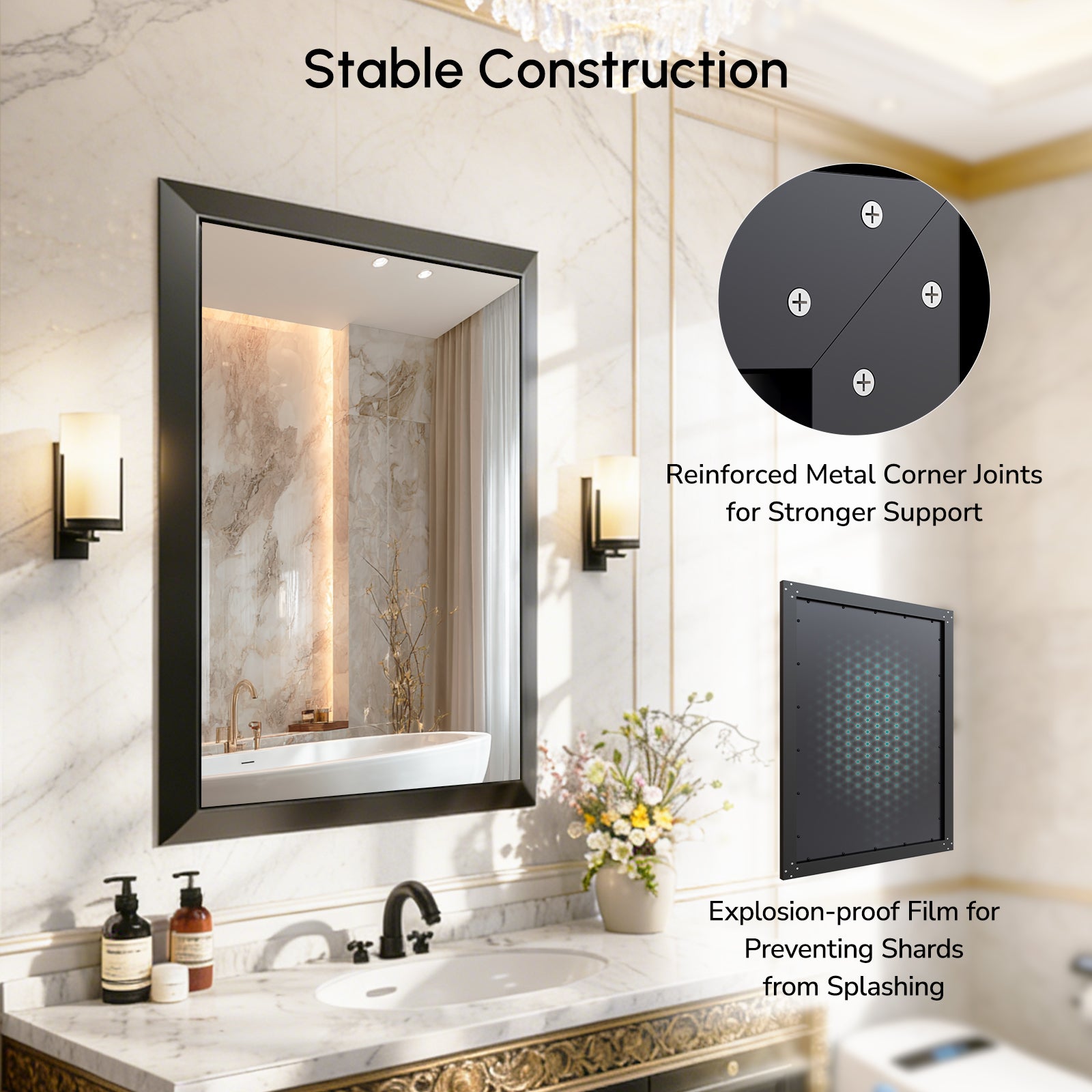 USHOWER Floating Mirror, 30''x36'' Black Beveled Mirror for Wall