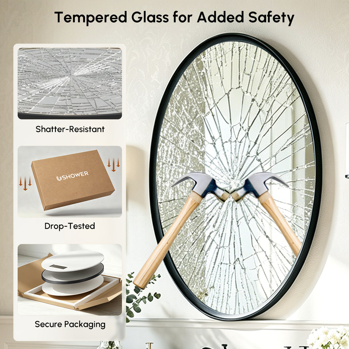 USHOWER Curva Black Oval Bathroom Mirror, 24x36 Inch Oval Mirror