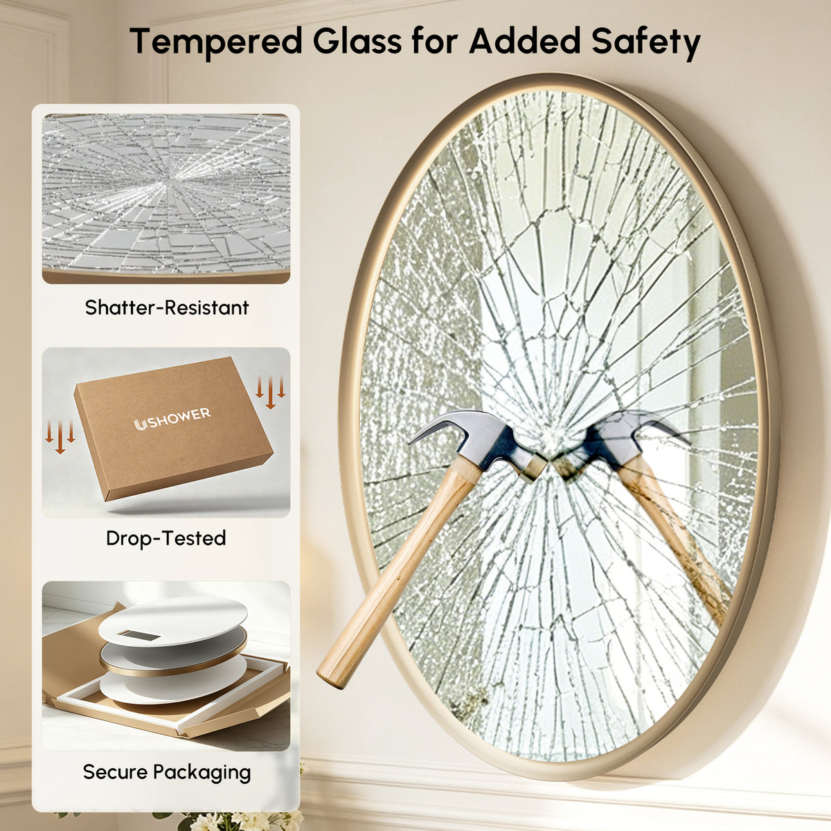USHOWER Curva Brushed Gold Oval Bathroom Mirror, 20x28 Inch Oval Mirror