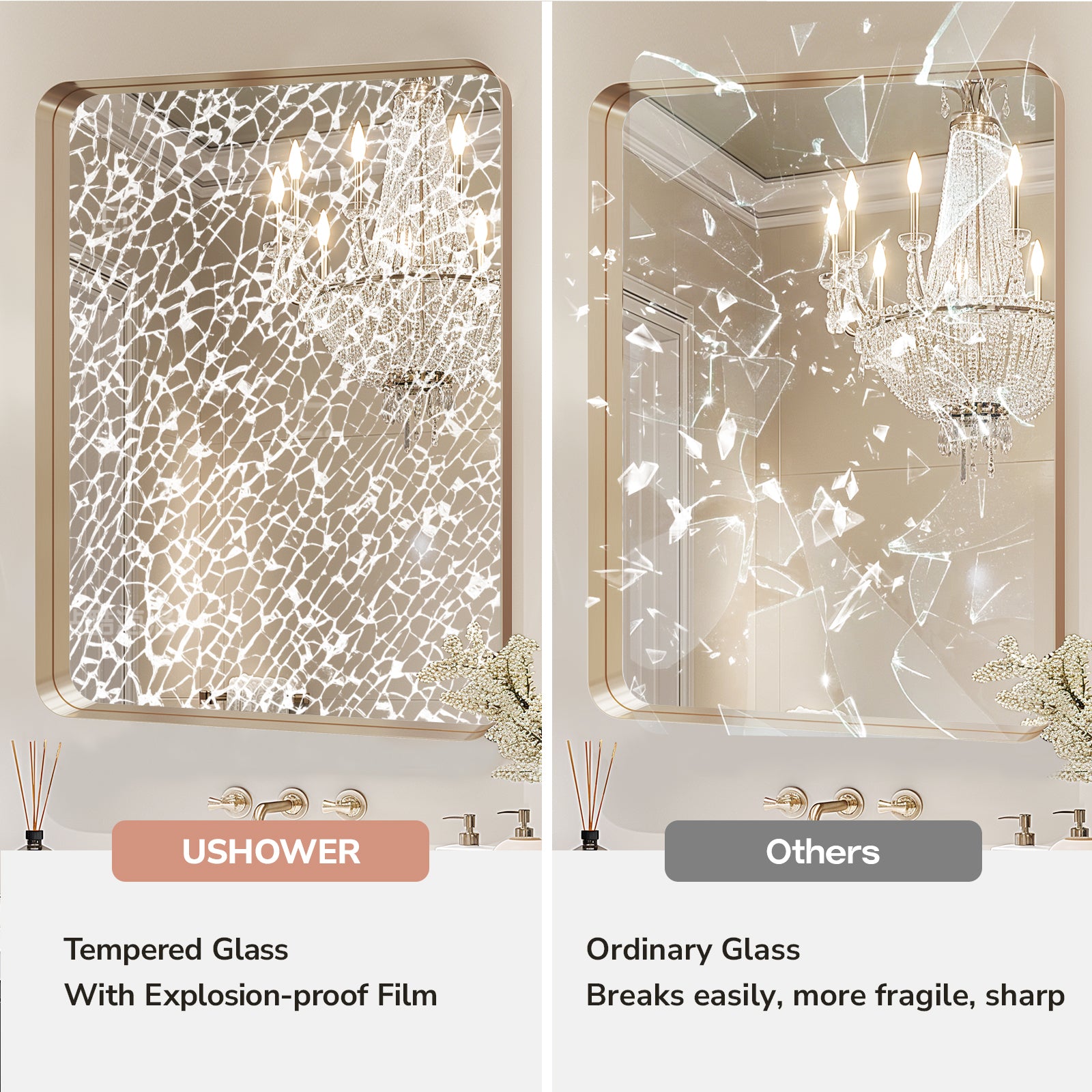 shatterproof brushed gold frame bathroom mirror with tempered glass safe explosion proof design