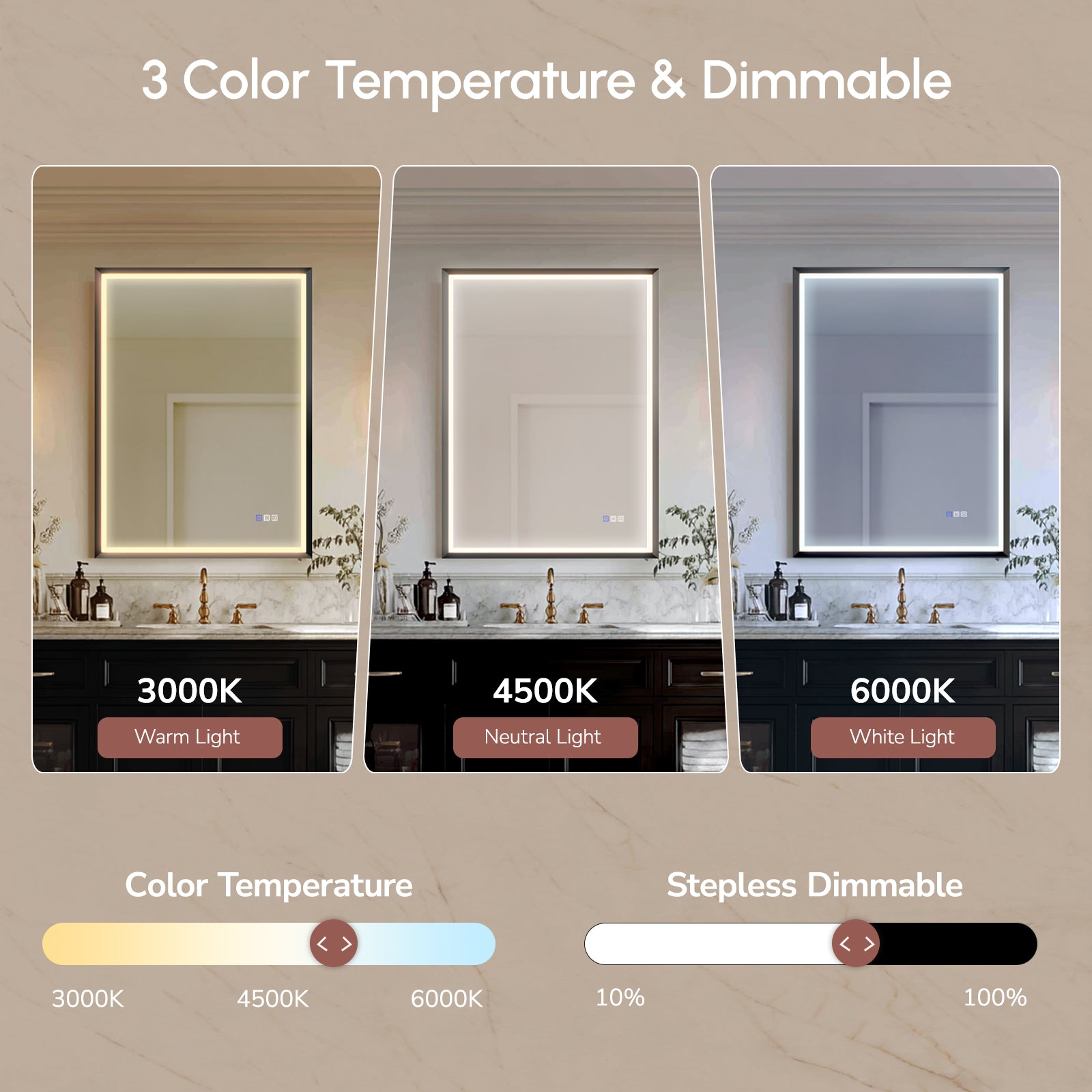 USHOWER Floating Mirror with Lights, LED Bathroom Mirror 24''x 36''