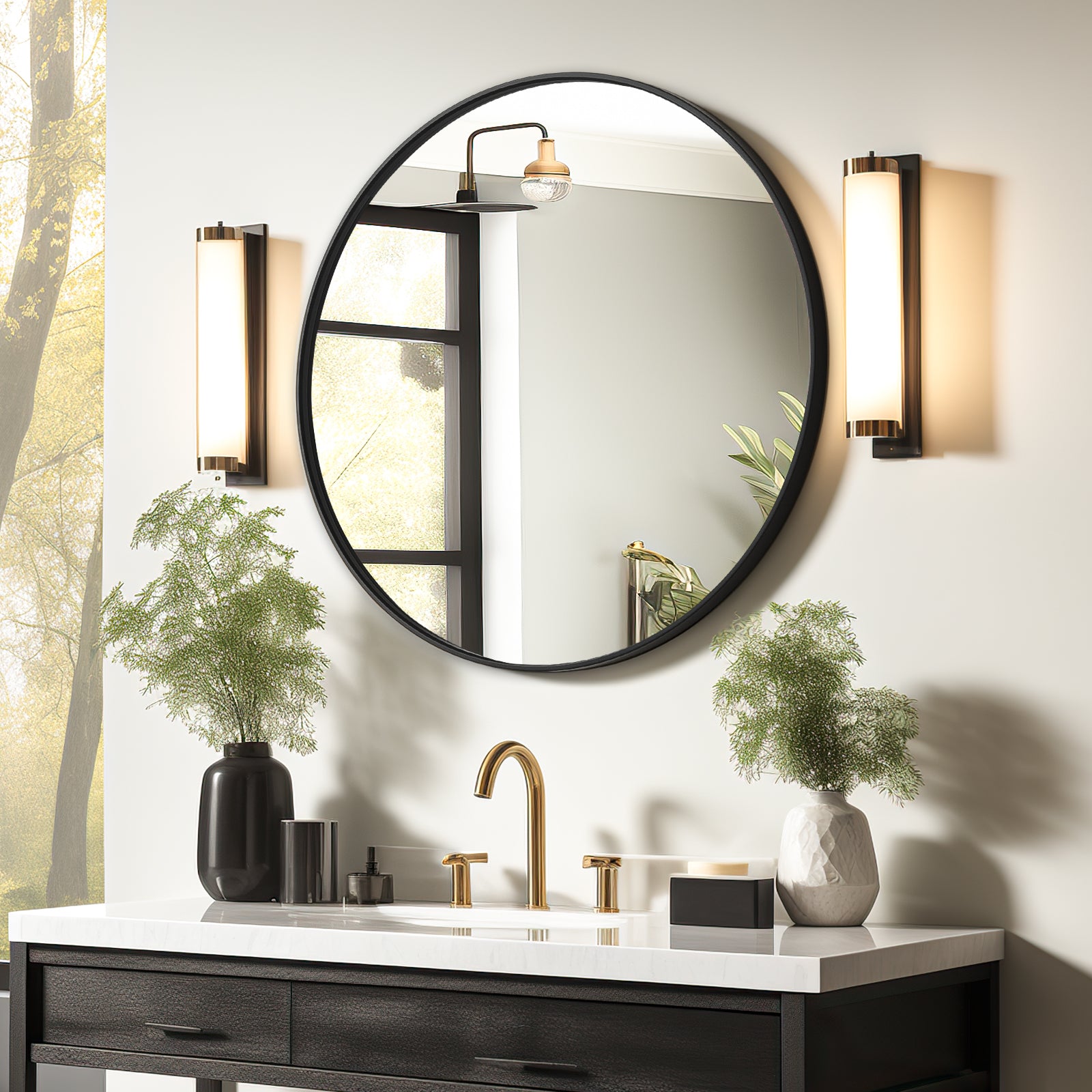 USHOWER Nwar Series – 36'' Black Round Bathroom Mirror