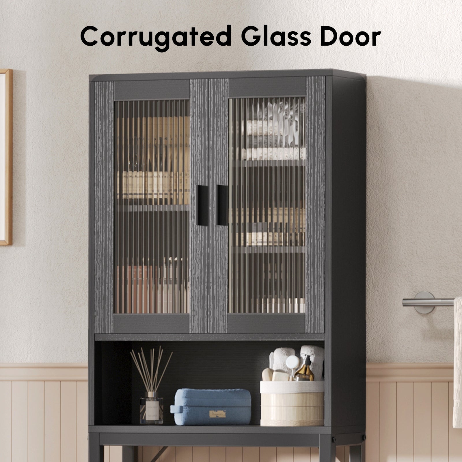 Black Over-the-Toilet Storage Cabinet with Corrugated Glass Doors, Modern Style, Sleek Bathroom Organizer