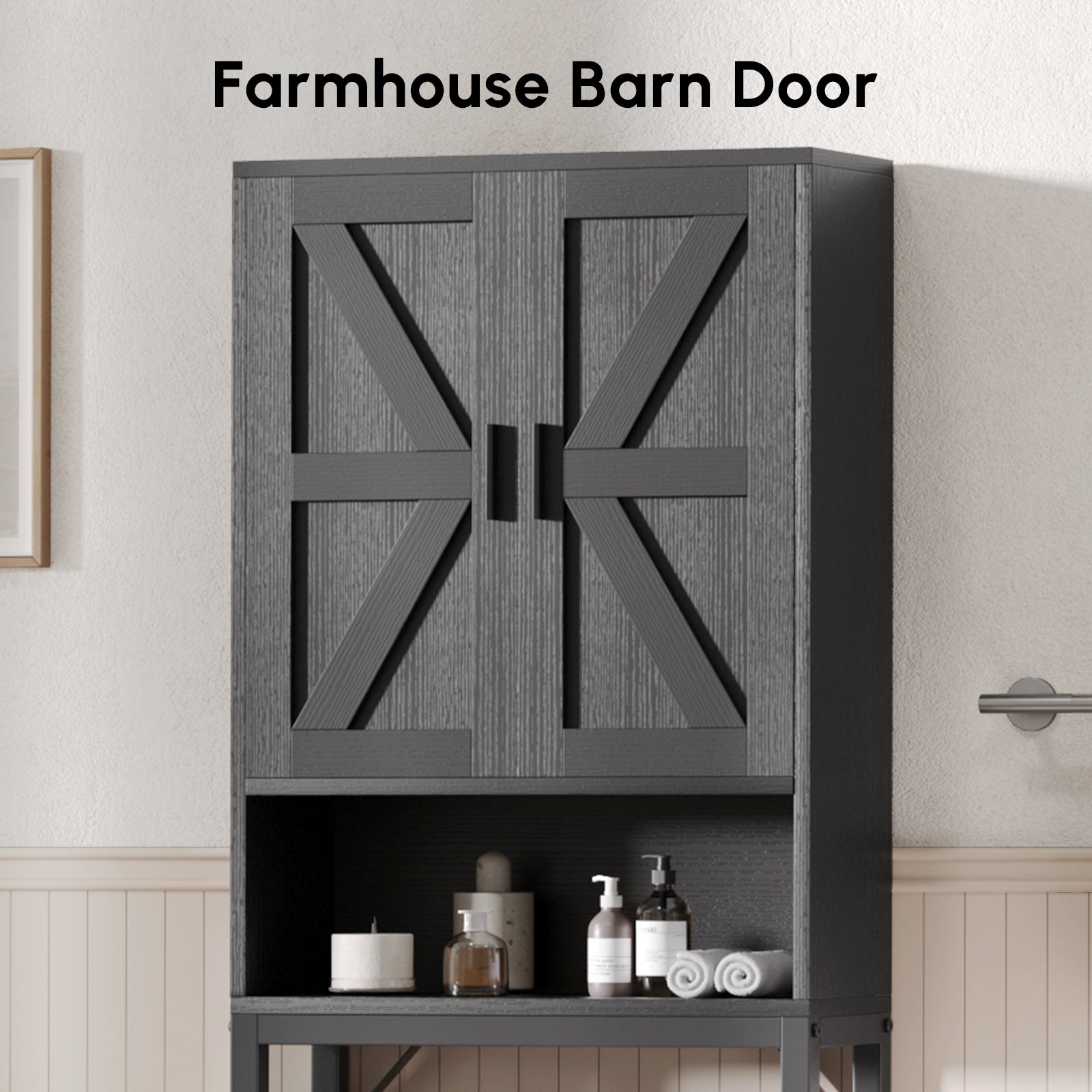 Black Over-the-Toilet Cabinet with Rustic Barn-Style Wood Doors, Modern Farmhouse Bathroom Storage, Commode Organizer