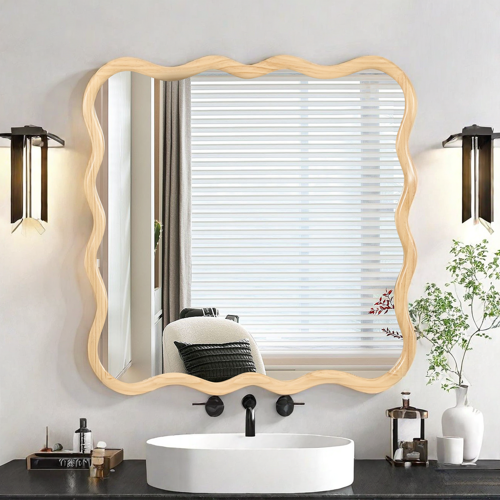 Wavy Square Natural Wood Beige Wall Mirror, Solid Wood, 35.8'' x 35.8''