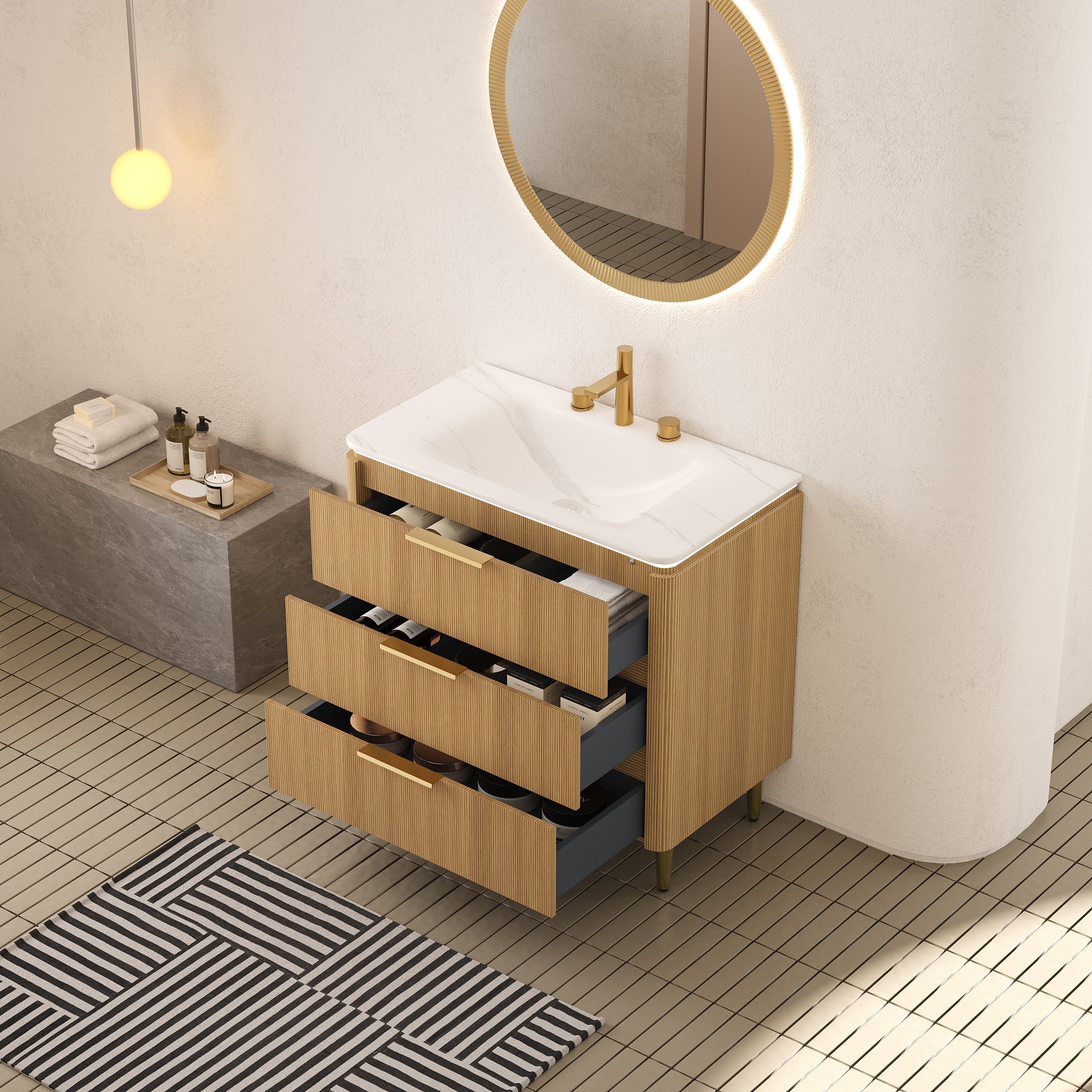 AMARA 36'' Bathroom Vanity&Sink, Freestanding Curved Edges Ultra-Slim Grille Plywood Storage Cabinet, 3 Drawers, Carrara White Sintered Stone Integrated Basin, Pre-assembled, Light Oak Woodgrain Color