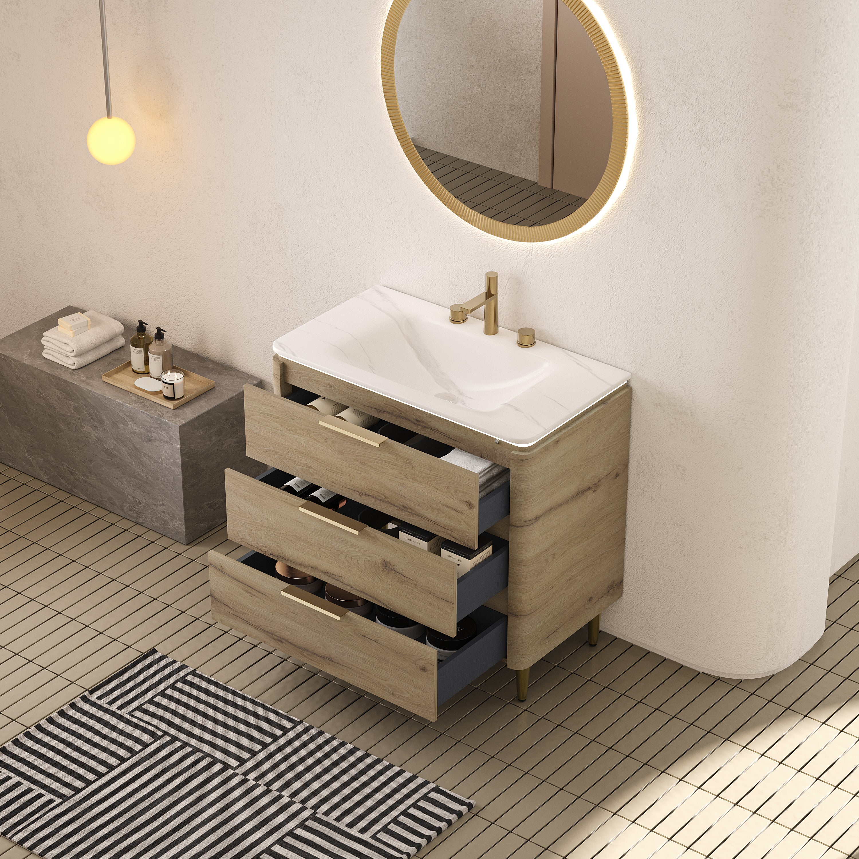 AMARA 36'' Bathroom Vanity with Sink, Freestanding Curved Edges Plywood Bathroom Storage Cabinet with 3 Drawers, Carrara White Sintered Stone Integrated Basin, Pre-assembled, White Oak Woodgrain Color
