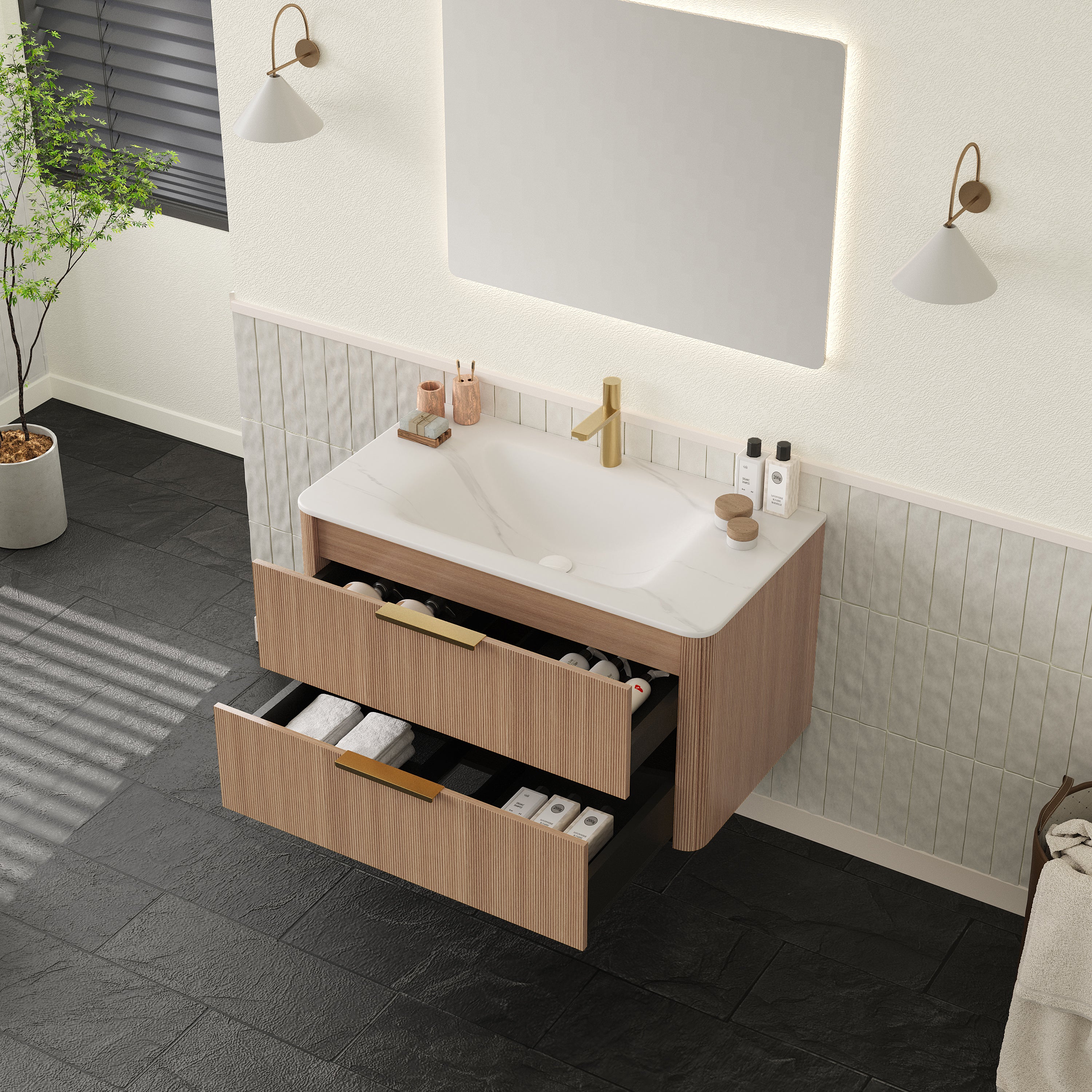 ZANE 36" Bathroom Vanity with Sink, Floating Ultra-Pinstriped Plywood Storage Cabinet with Drawers, Carrara White Sintered Stone Hot-bent Integrated Basin, Pre-assembled, Light Natural Woodgrain Color