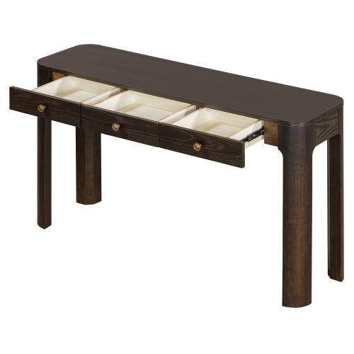 TREXM Rustic Console Table with 3 Concealed Drawers, Farmhouse Entryway Sofa Table with Curved Corners & Thick Legs for Living Room & Hallway,Espresso