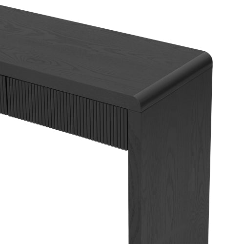 TREXM Rustic Fluted Console Table with 3 Drawers, Solid Wood Veneer Entryway Sofa Table with Natural Wood Grain, Black