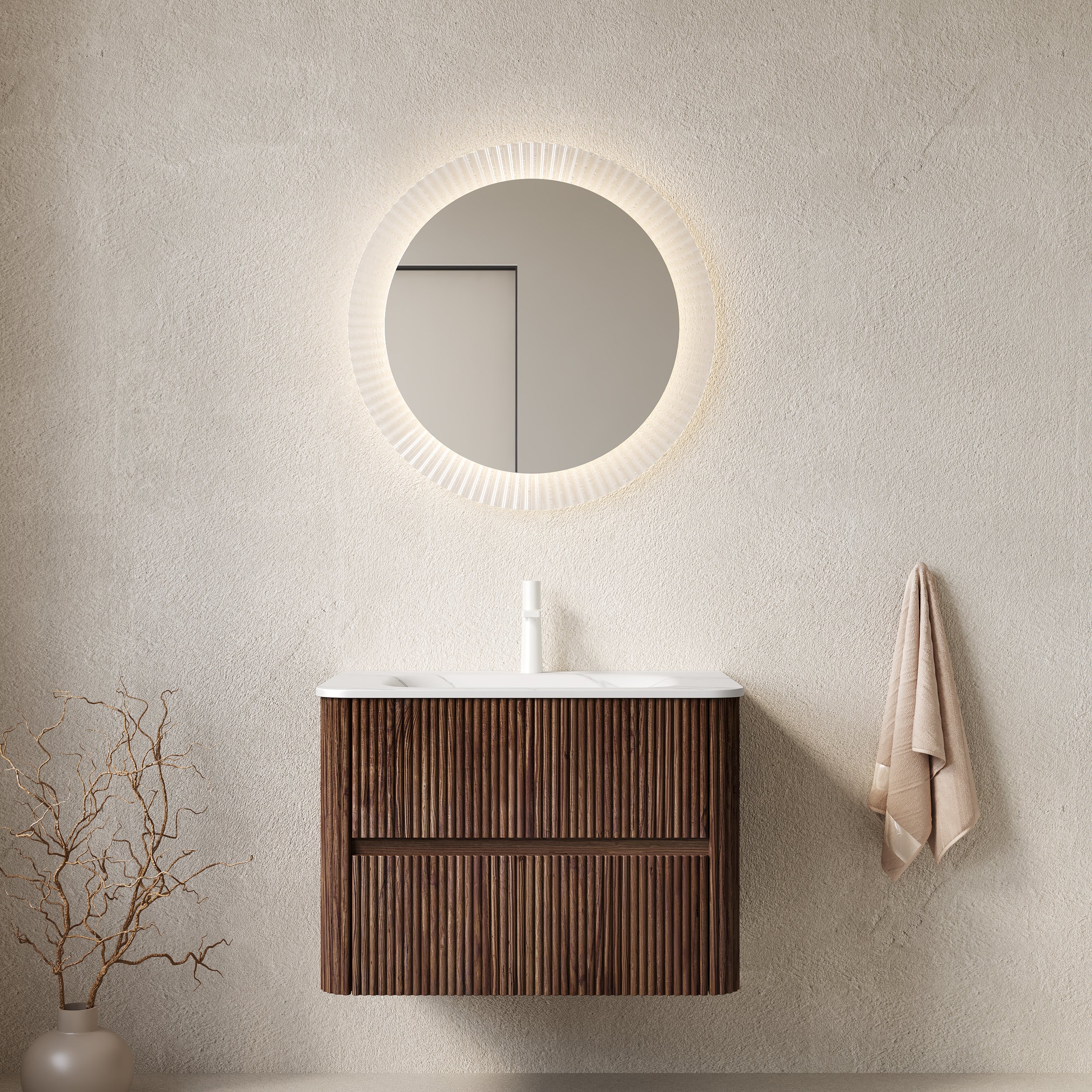 NOOR 30" Bathroom Vanity with Sink, Wall-Mounted Floating Plywood Bathroom Storage Cabinet with 2 Drawers, Carrara White Basin, NO Faucet, Pre-assembled, Retro Walnut Woodgrain Color