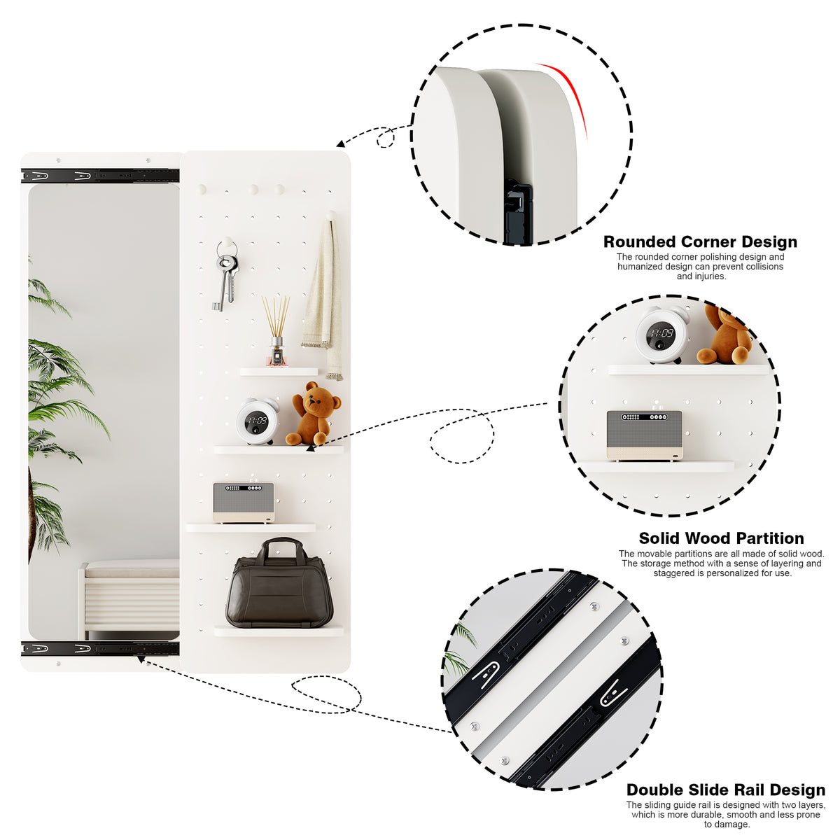 White Wall-Mounted Full-Length Mirror, 47.6 x 15.7 Inch Sliding Space-Saving Mirror with Multi-Functional Panel for Bedroom, Living Room & Entryway