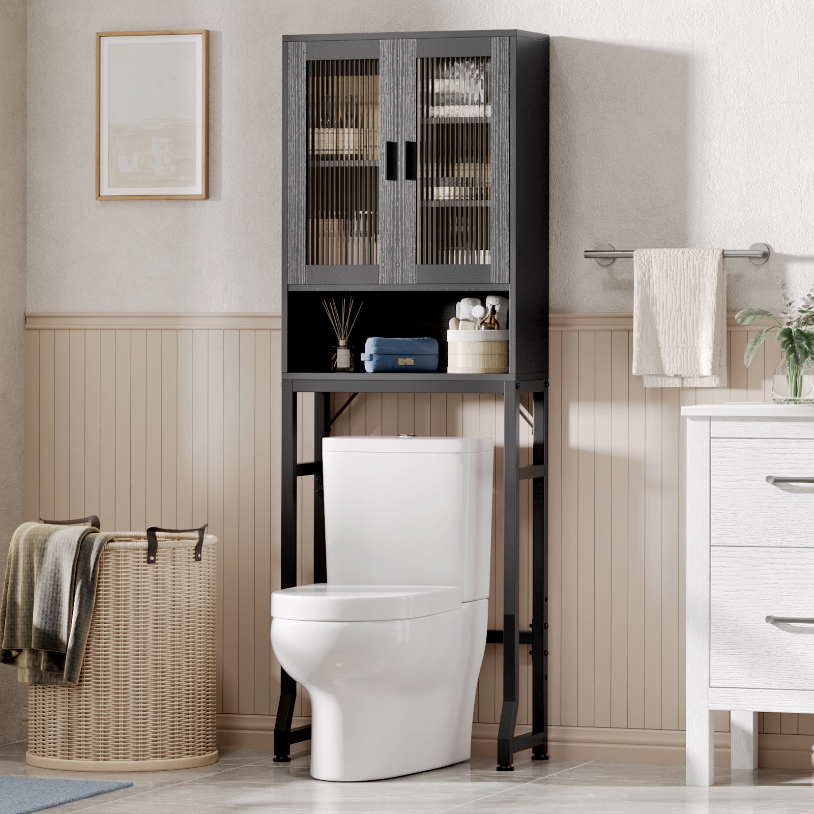Black Over-the-Toilet Storage Cabinet with Glass Door Design, Modern Storage Style, Sleek Bathroom Organizer, Space Saver
