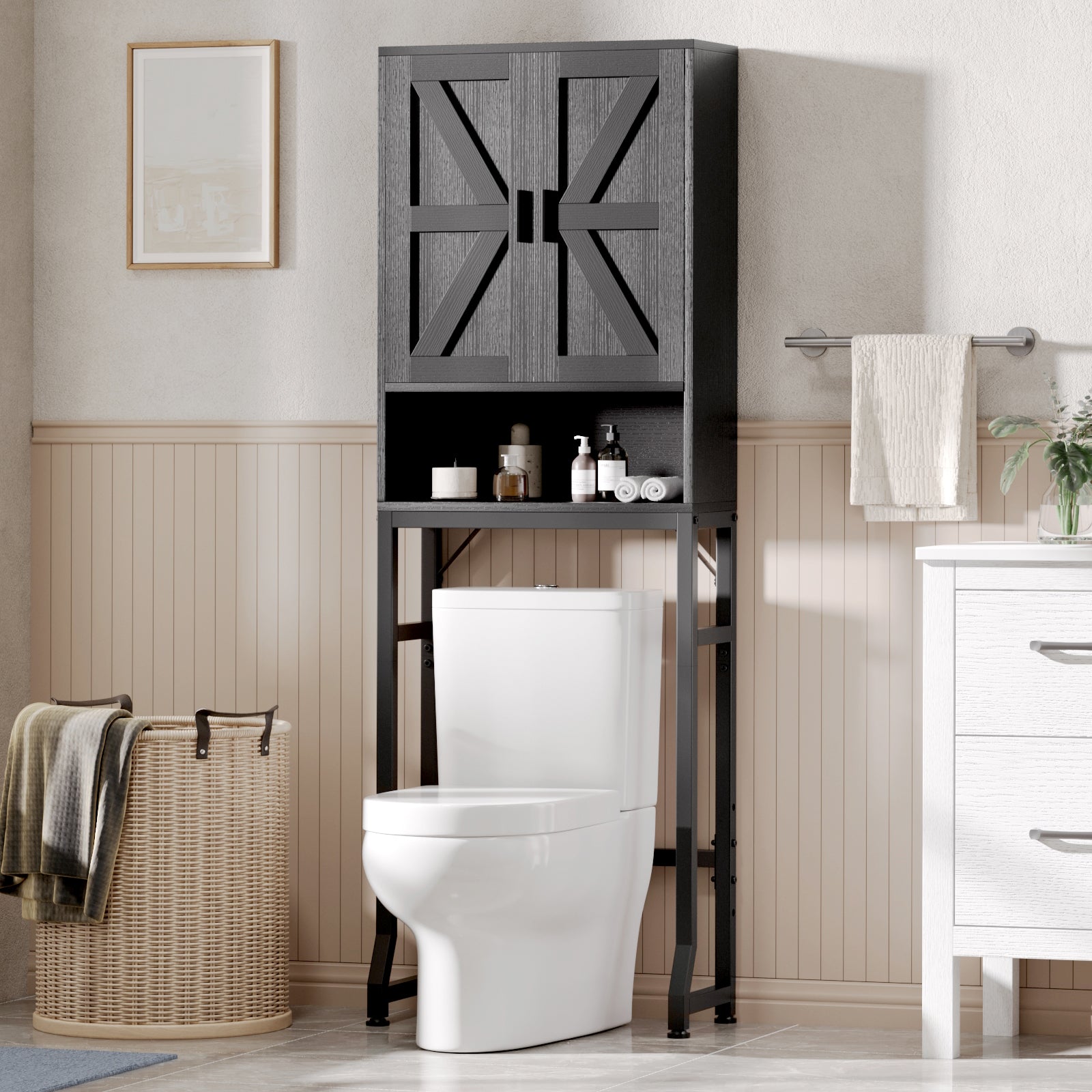 Black USHOWER Over-the-Toilet Storage Cabinet with Barn Door Design, Modern Farmhouse Style Bathroom Organizer, Space Saver